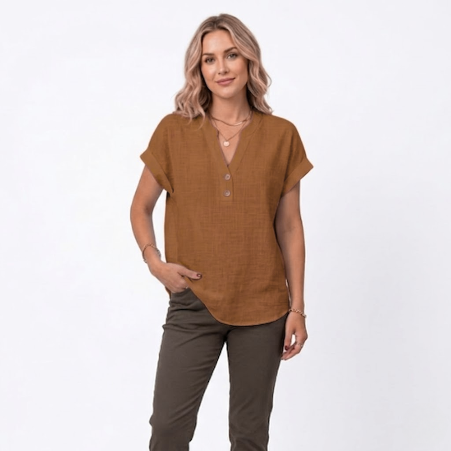 Cotton and Linen V-Neck Short Sleeve Blouse for Women