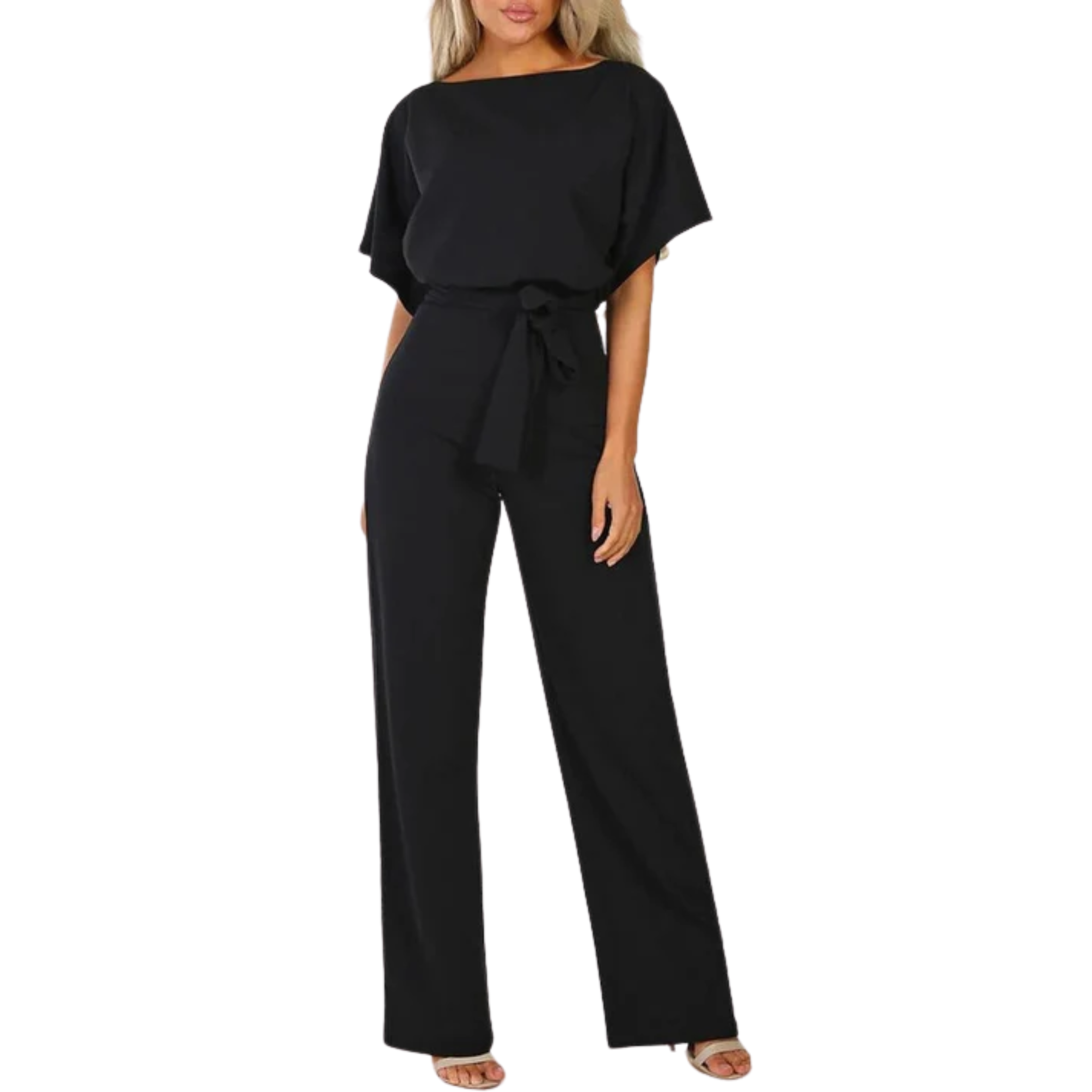 Wide-leg jumpsuit — short sleeves and belt — everyday
