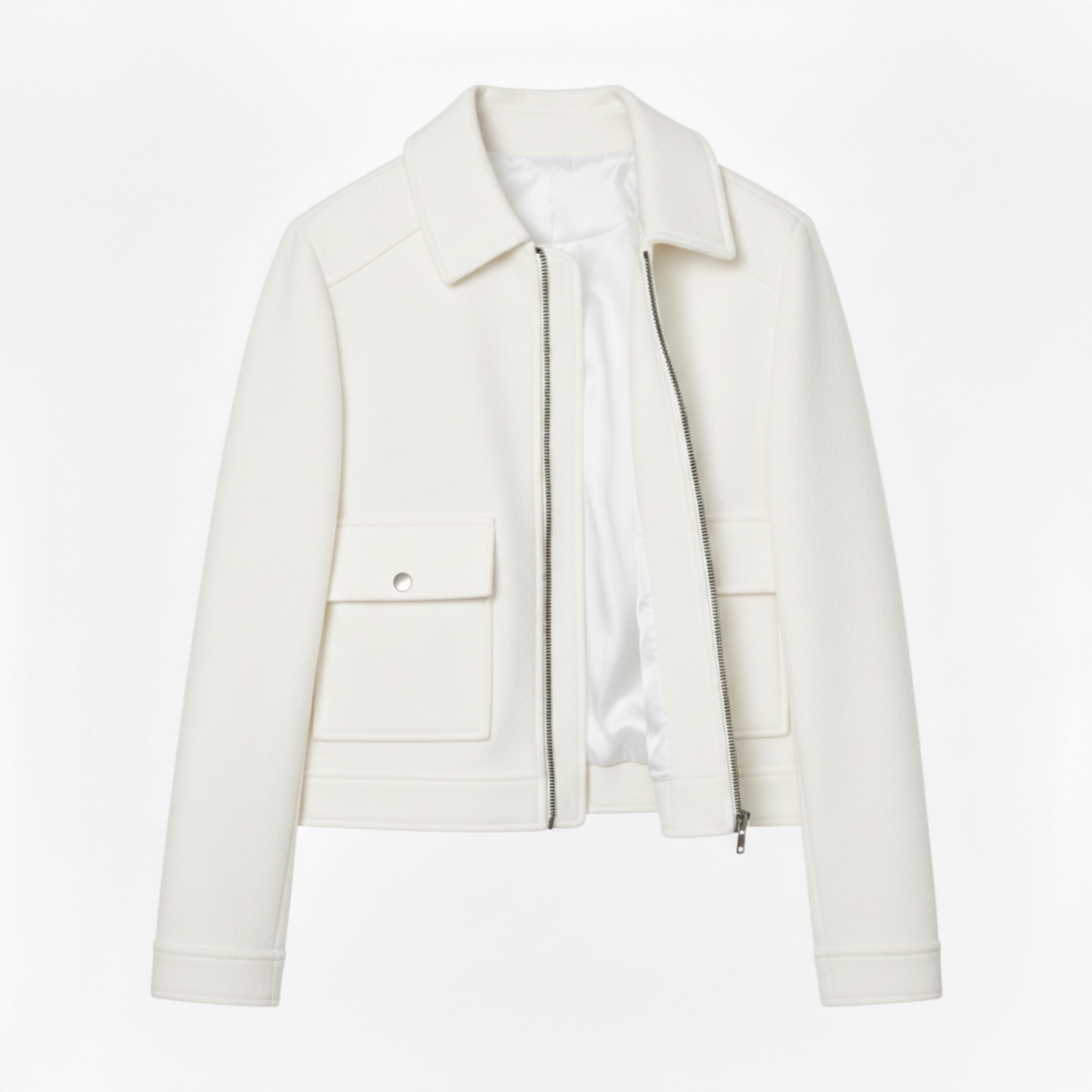 Short Polyester Jacket with Turn-Down Collar and Zipper Closure for Women