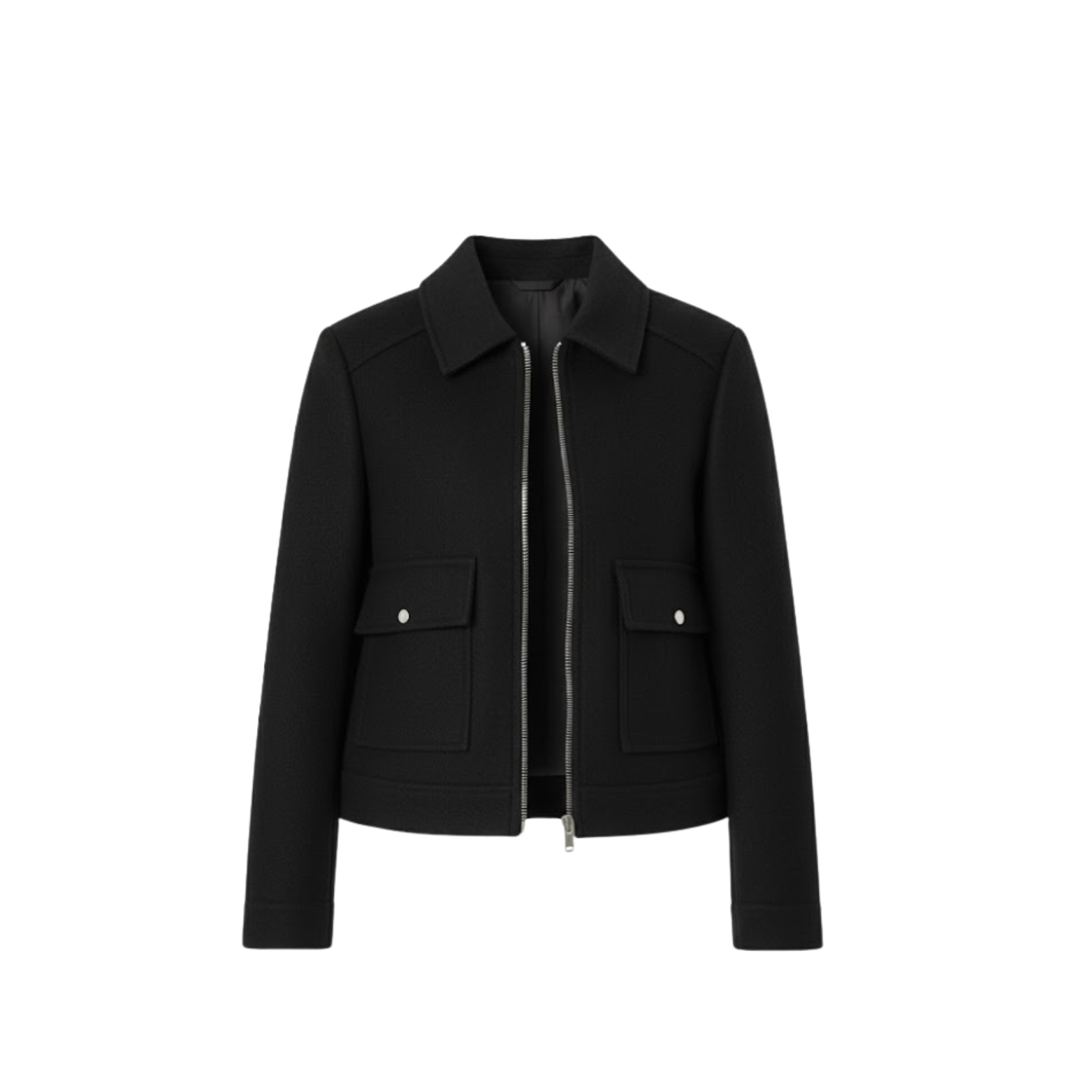 Women's short double-breasted jacket with tailored collar, stylish structured casual design