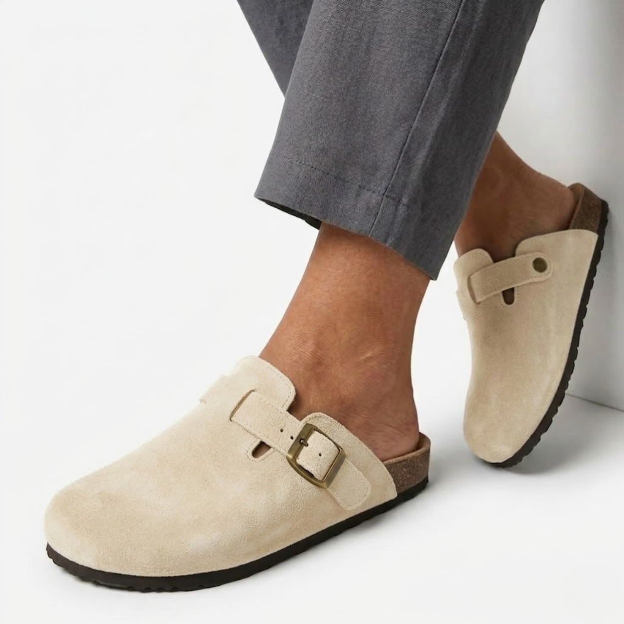 Suede Clogs with Cork Sole and Adjustable Buckle for Women