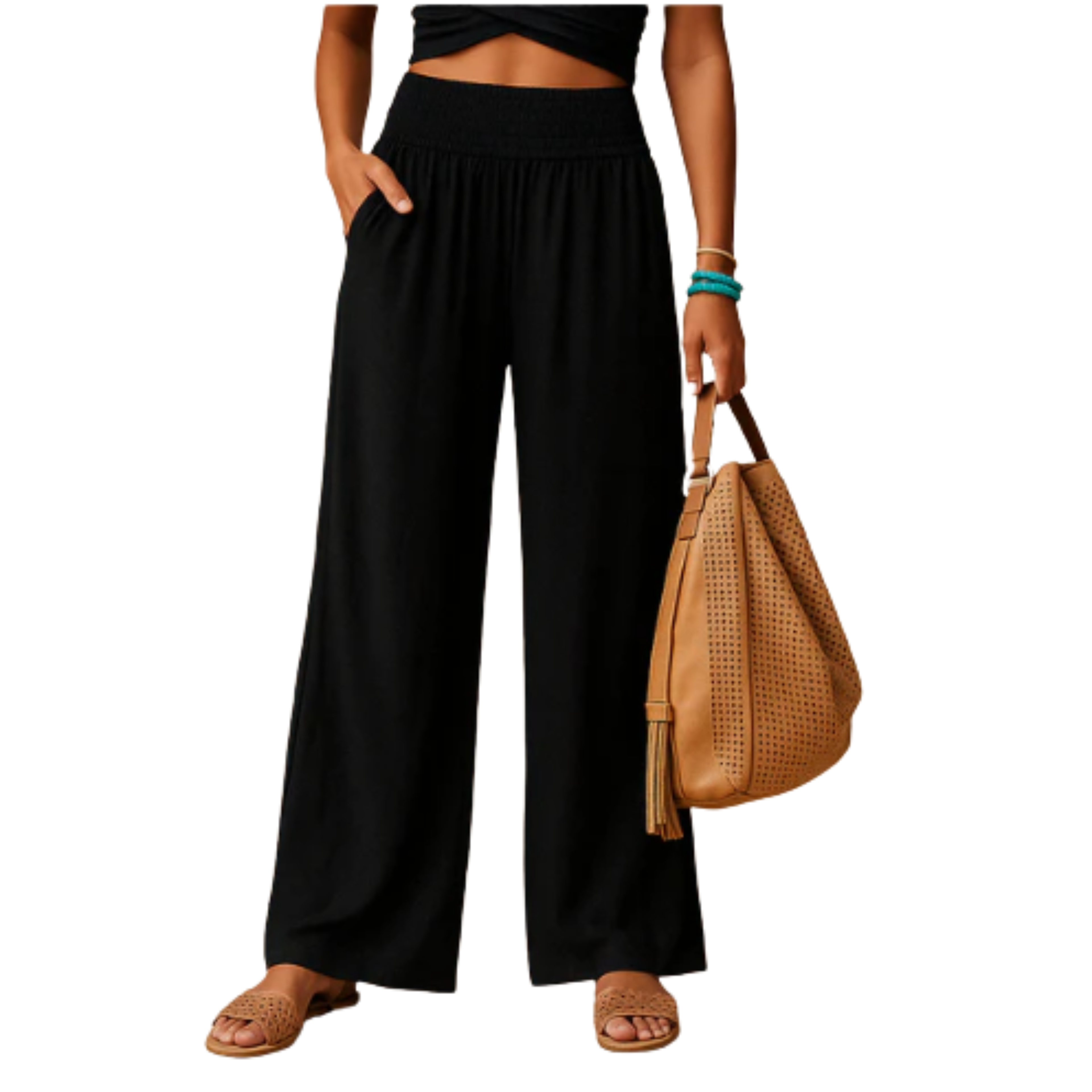 Women's pants linen and cotton blend — elastic waist straight cut | everyday