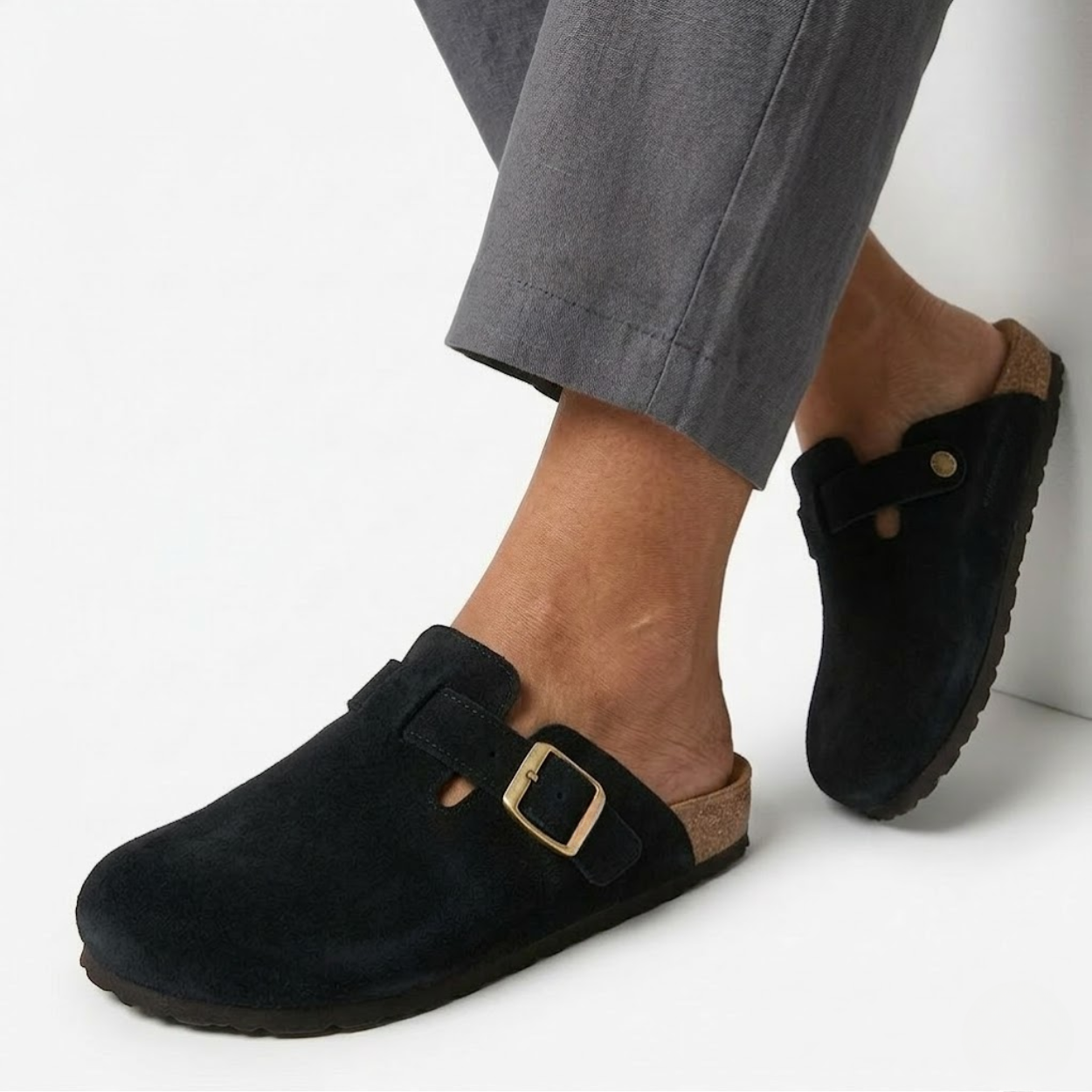 Suede Clogs with Cork Sole and Adjustable Buckle for Women