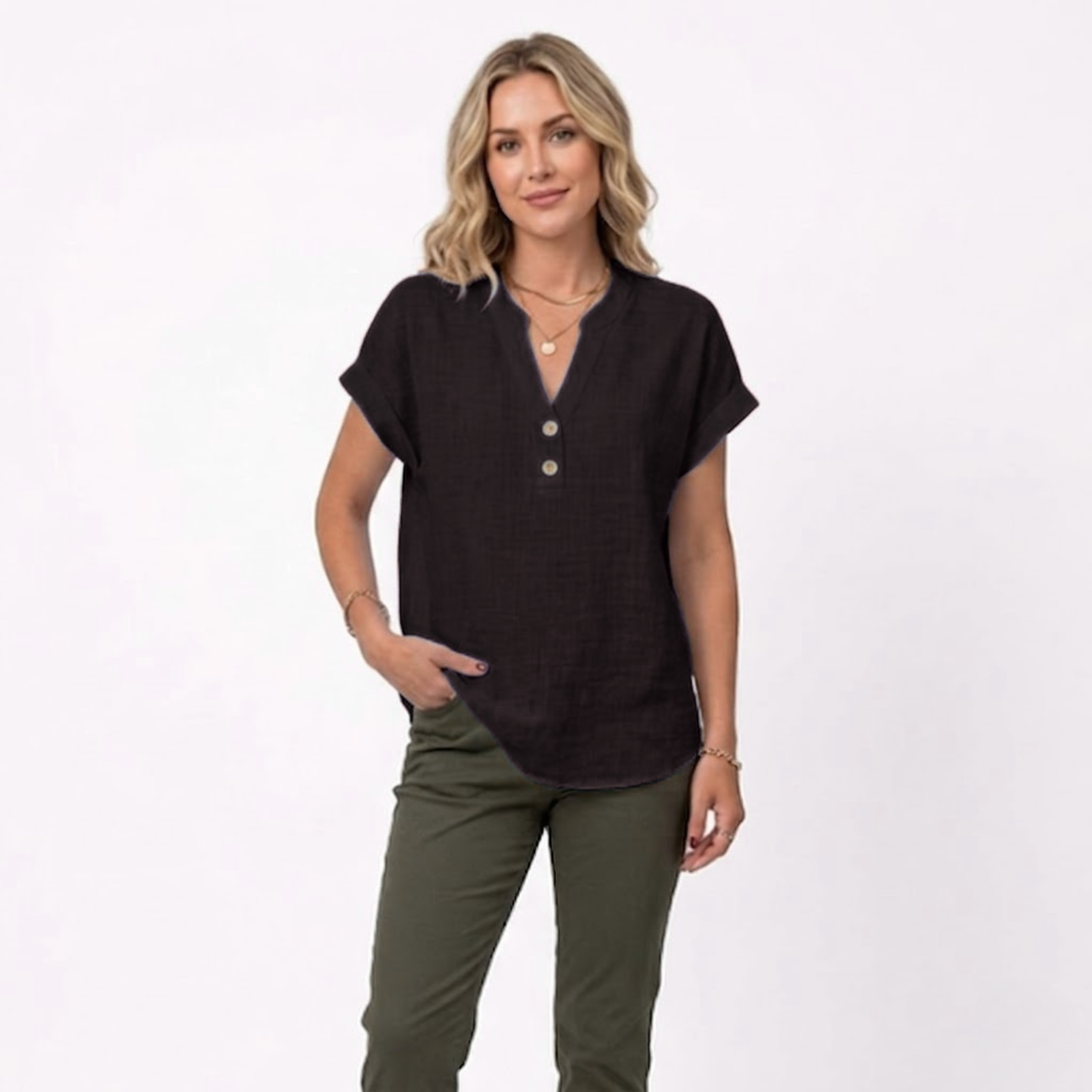 Cotton and Linen V-Neck Short Sleeve Blouse for Women