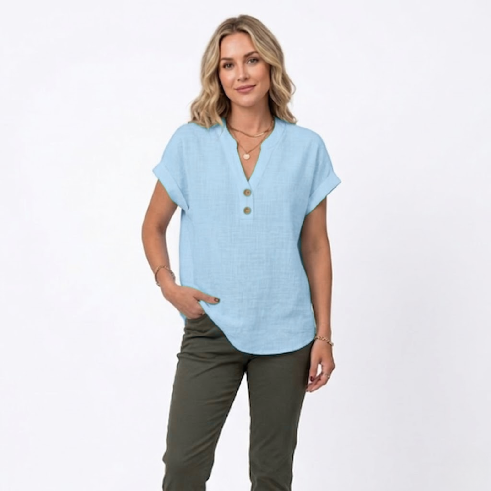 Cotton and Linen V-Neck Short Sleeve Blouse for Women