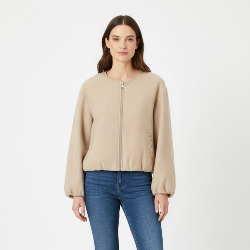 Short bomber jacket for women with zipper and casual round collar