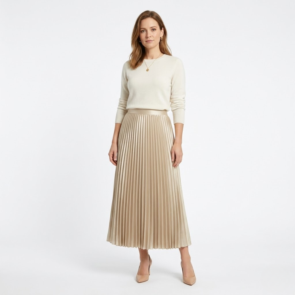 High-Waisted Elastic Satin Pleated Long Skirt for Women