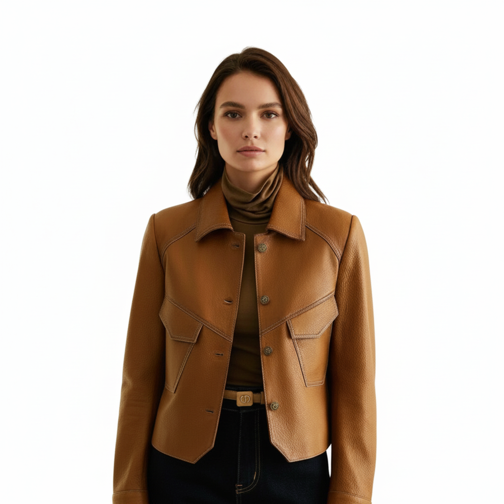 Women's Leather Jacket with Buttons and Fitted Waist Classic Cut
