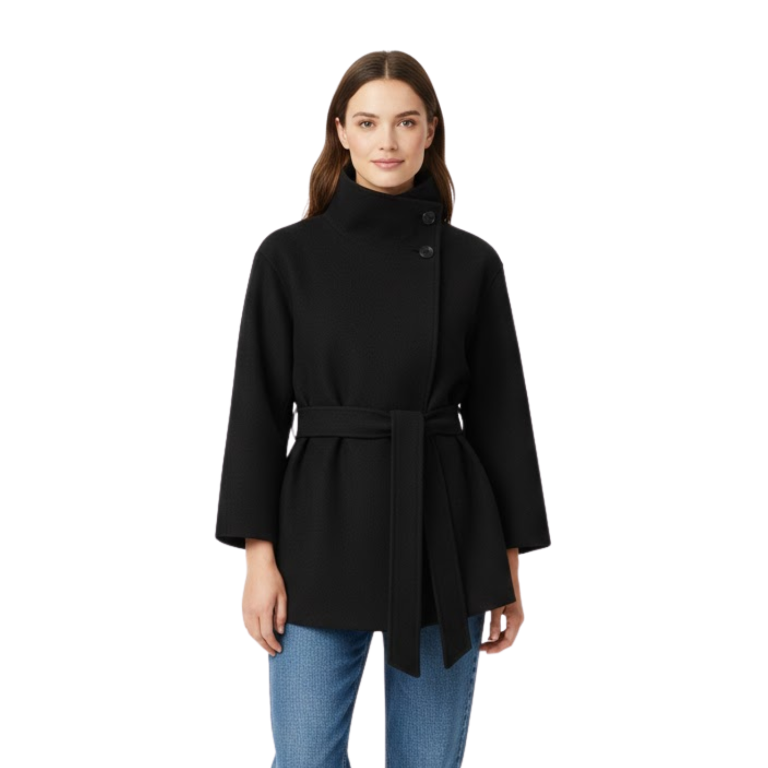 Women's faux fur coat with high collar and belt, warm and elegant jacket