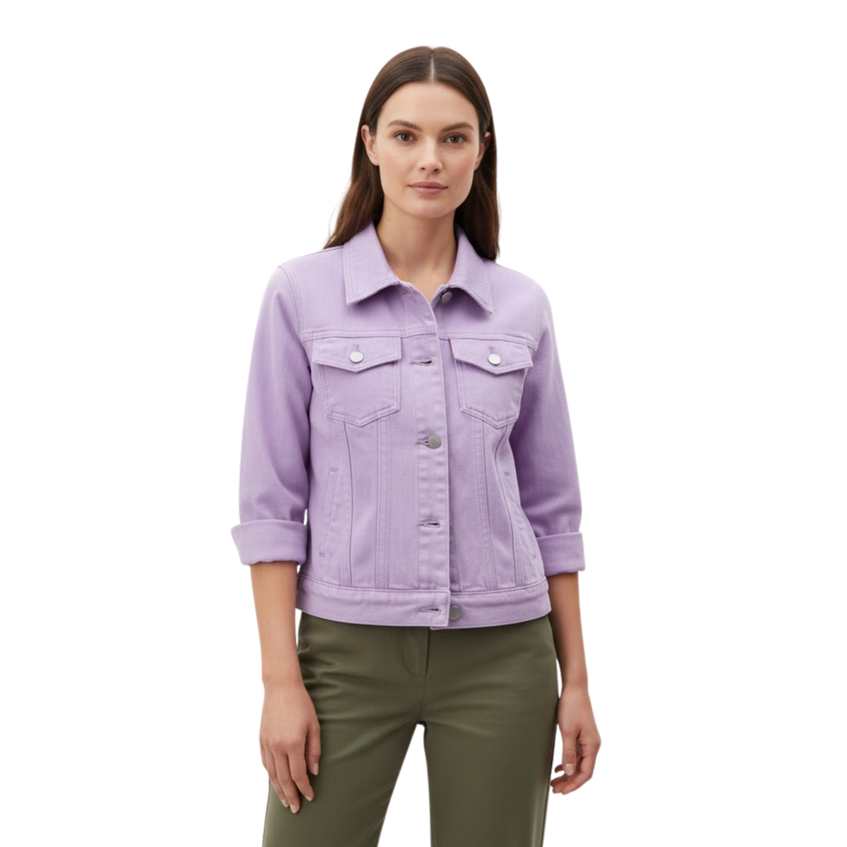 Short Denim Jacket with Buttons and Chest Pockets for Women