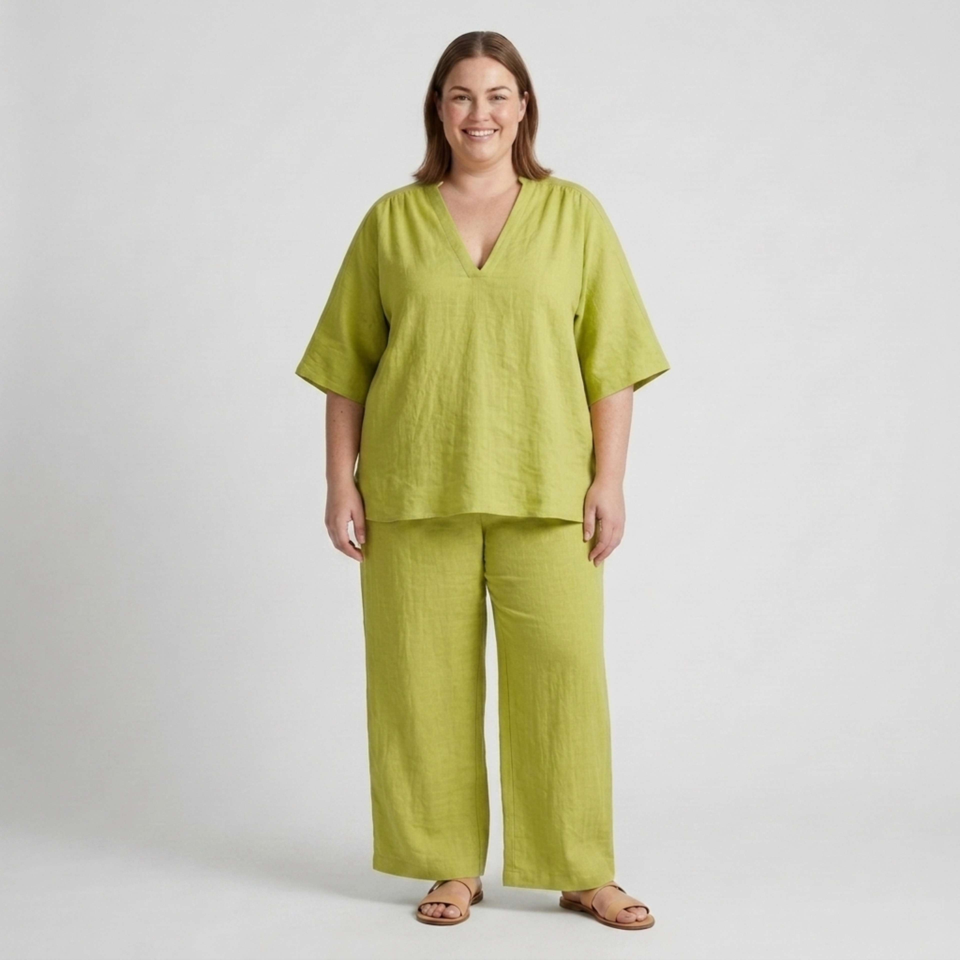Plus size two-piece set for women with loose V-neck top and flowy pants