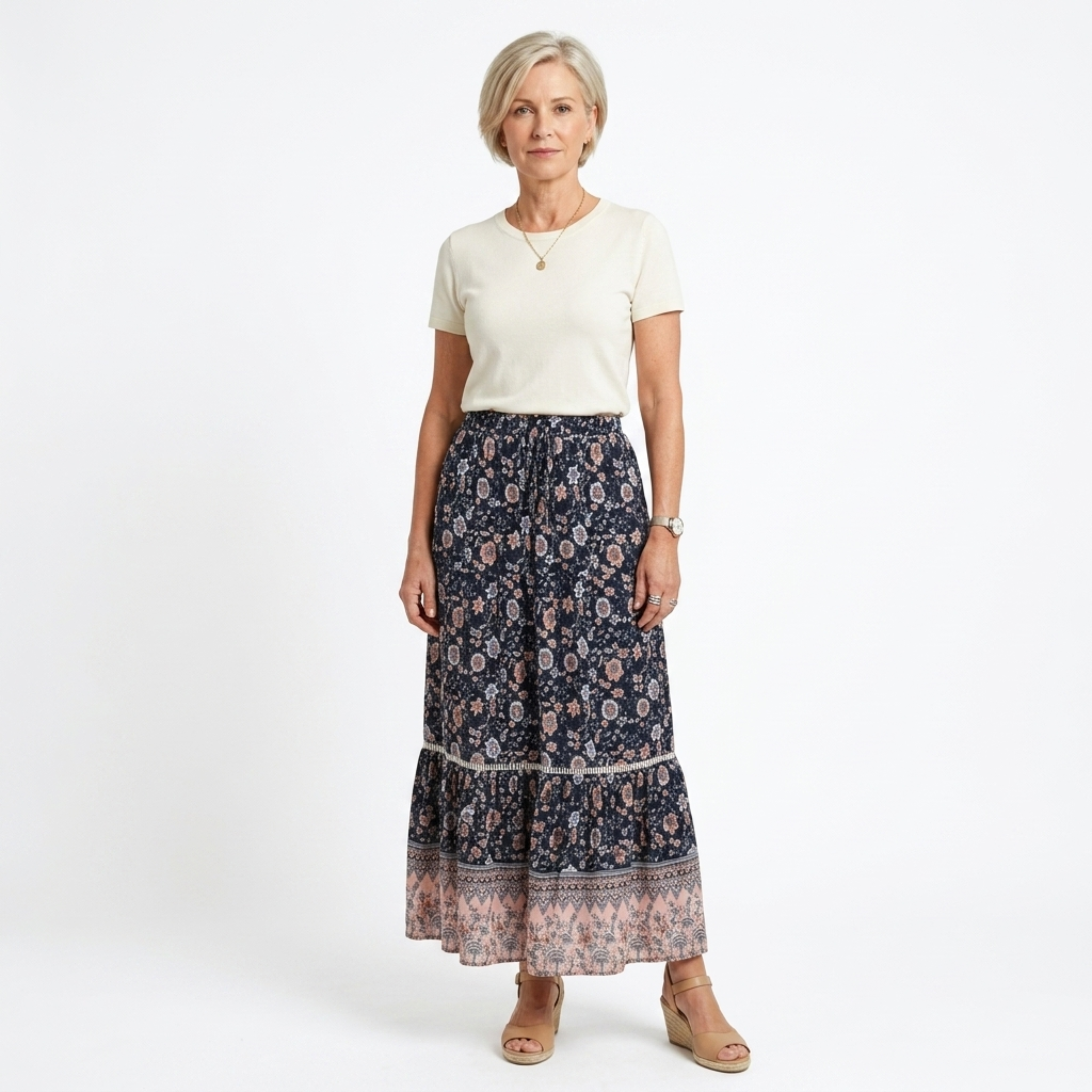 Long Floral Maxi Skirt — High Waist with Drawstrings — Beach Outfit