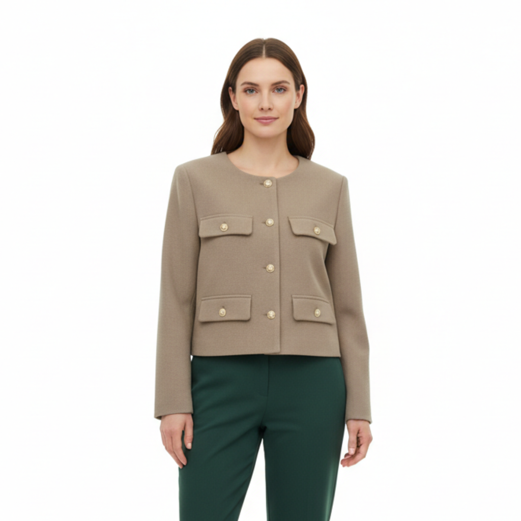 Polyester Round Neck Jacket with Gold Buttons and Pockets for Women