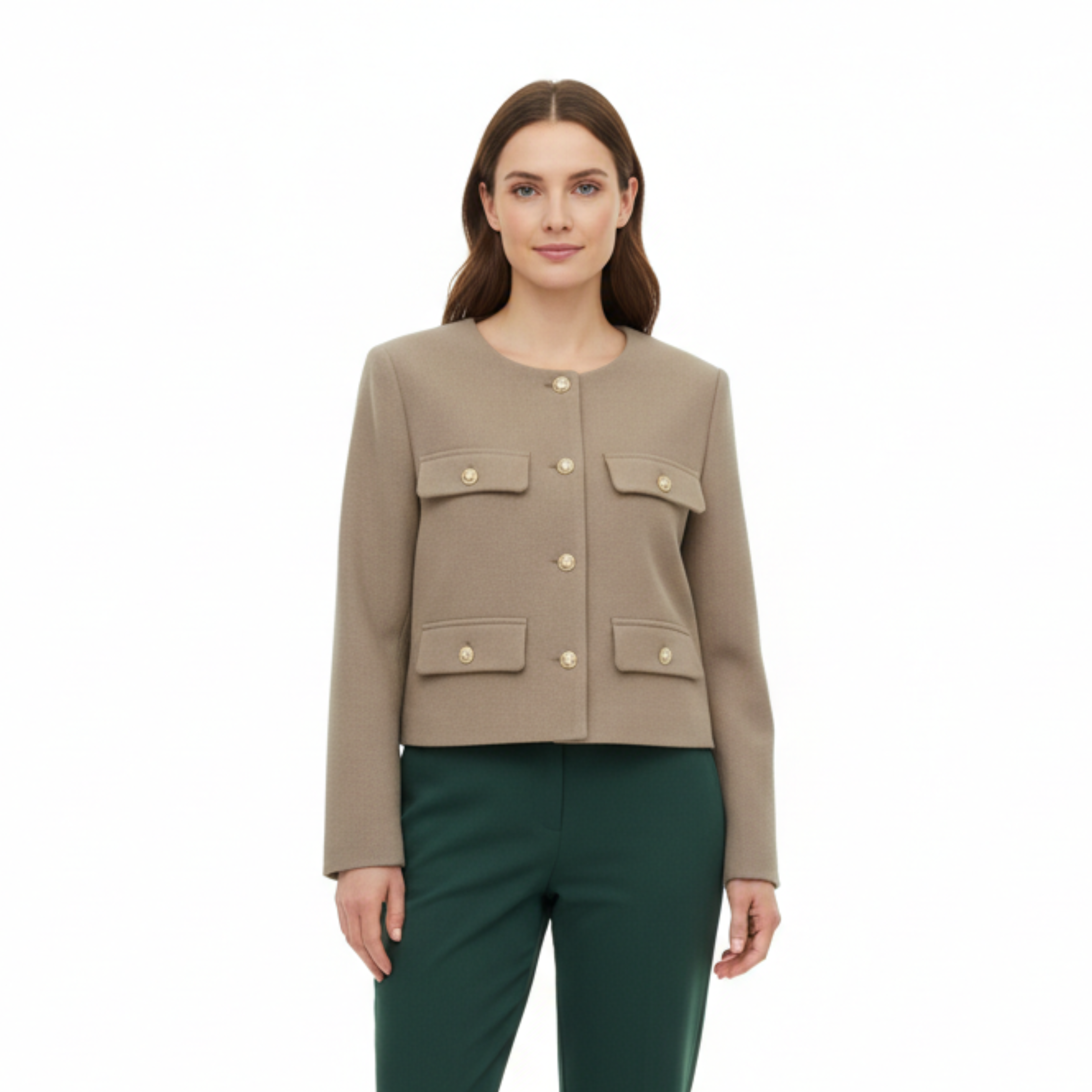 Polyester Round Neck Jacket with Gold Buttons and Pockets for Women