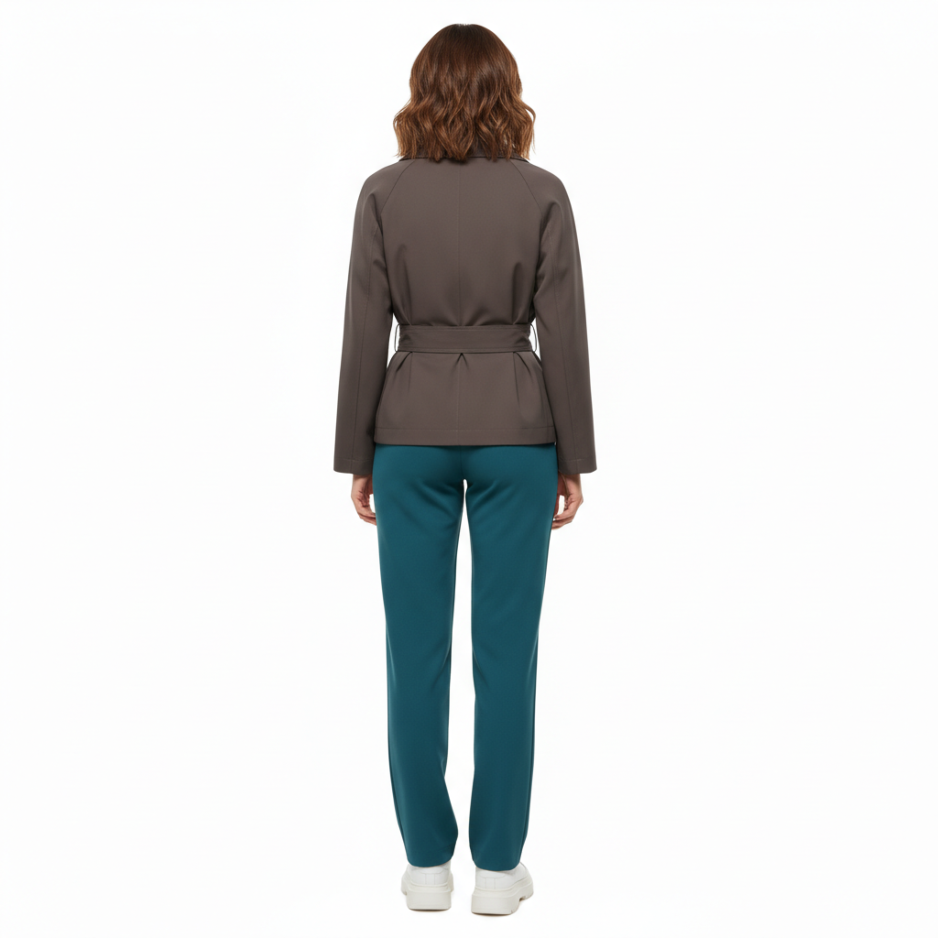 Short Polyester Trench Coat with Belt and Notched Collar for Women