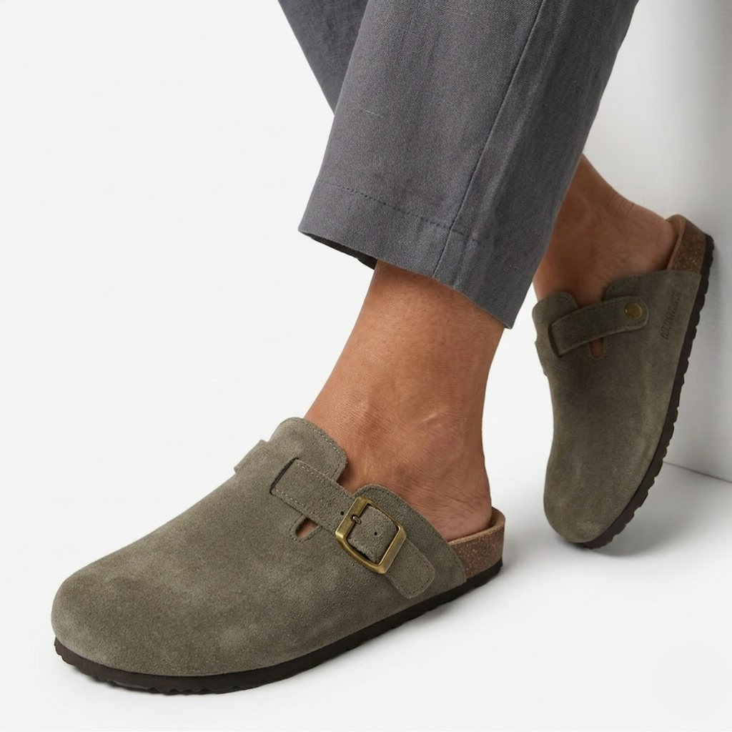 Suede Clogs with Cork Sole and Adjustable Buckle for Women