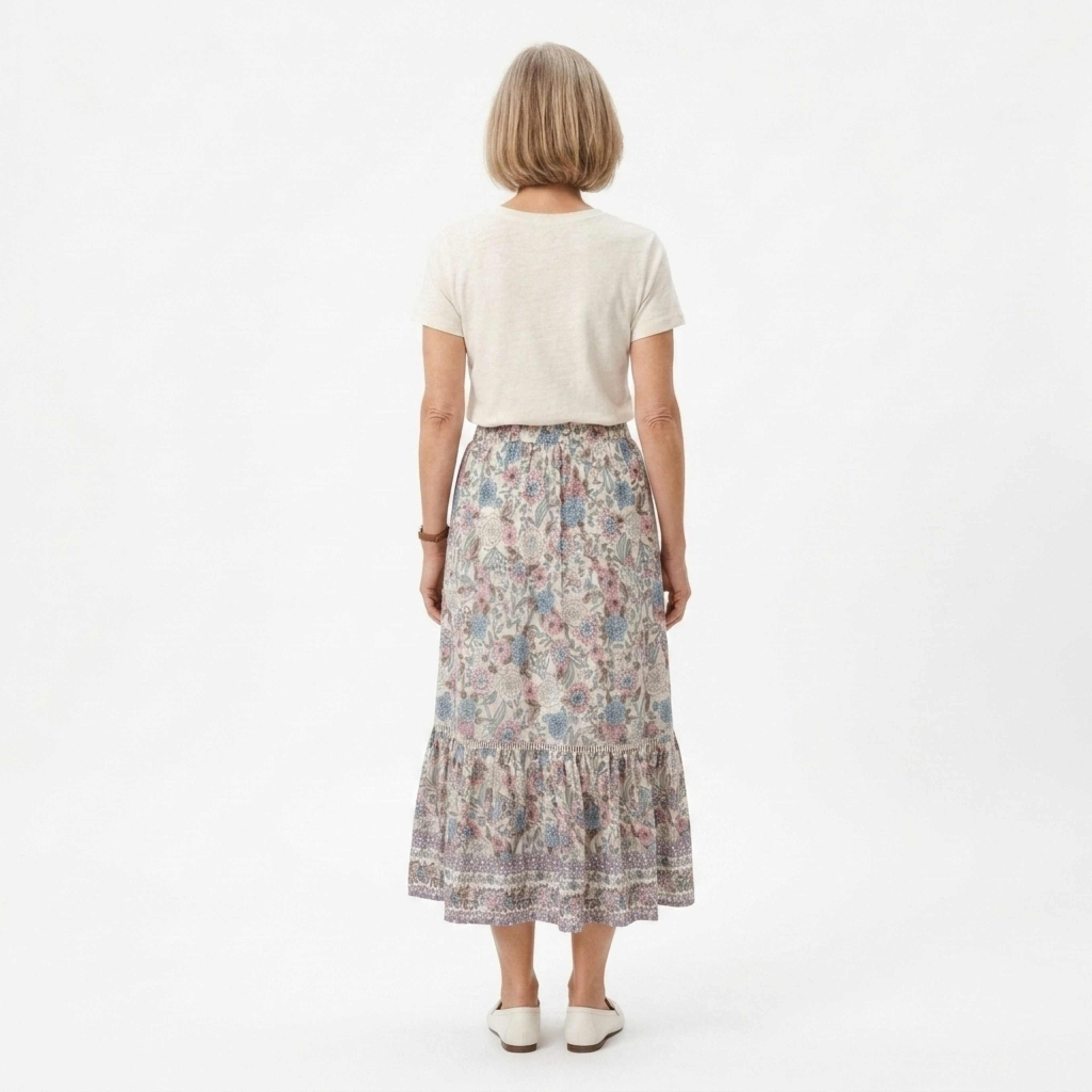 Long floral maxi skirt — high waist with lacing — summer vacation