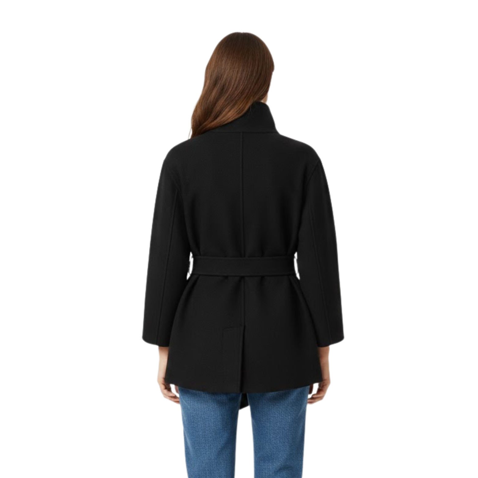 Women's faux fur coat with high collar and belt, warm and elegant jacket