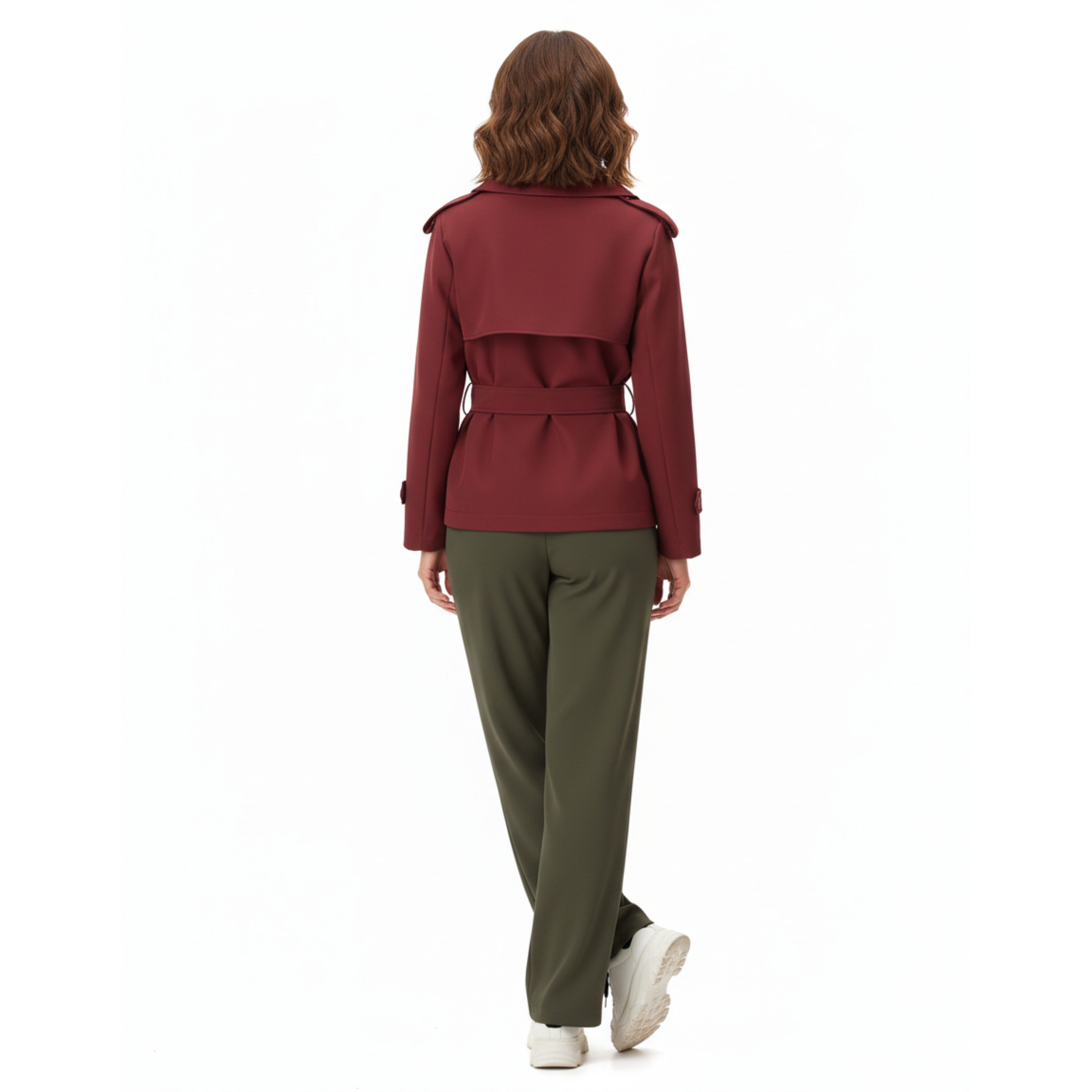 Short Polyester Trench Coat with Belt and Notched Collar for Women