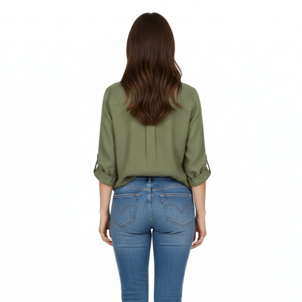 Loose casual button-up shirt for women with three-quarter sleeves and split neckline