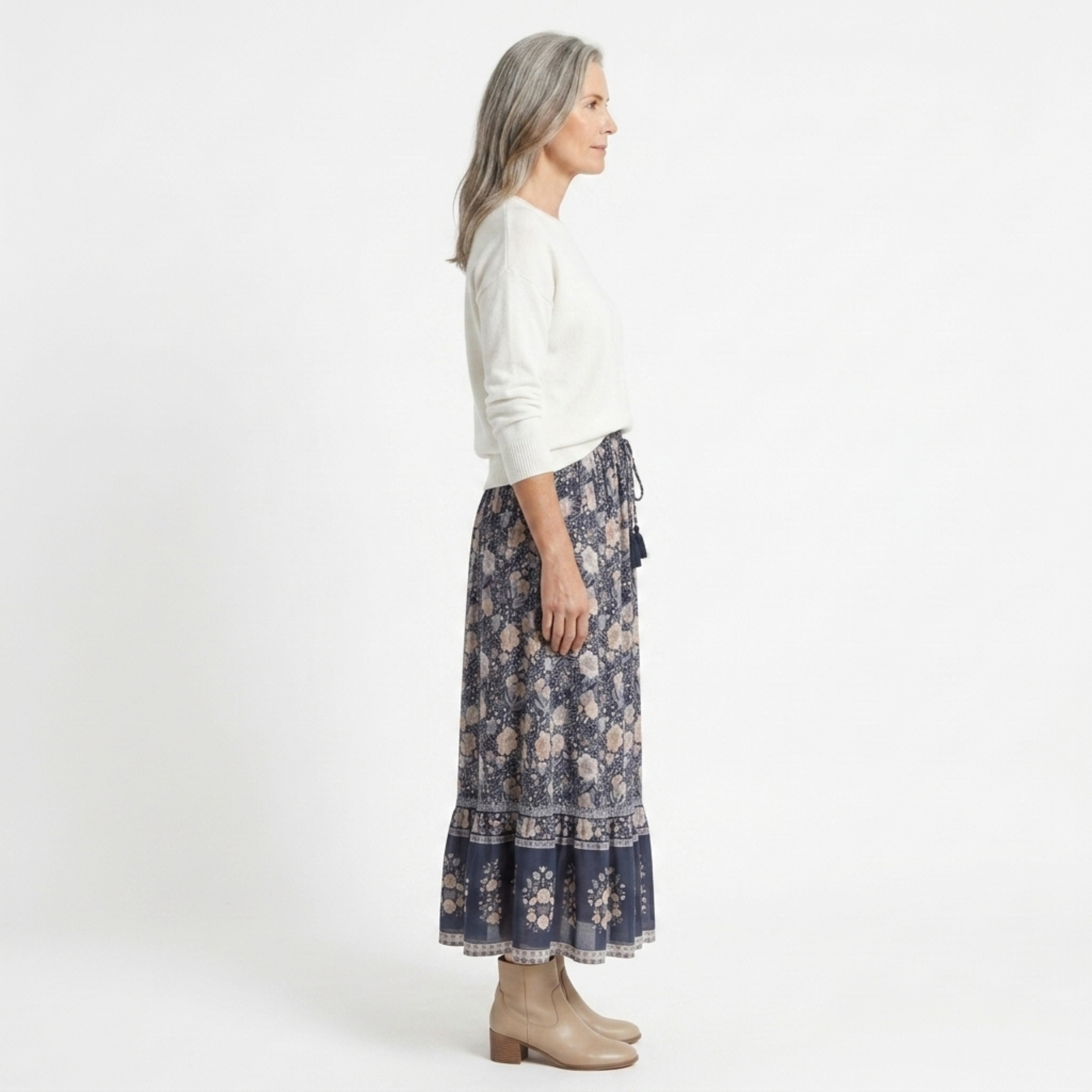 Long floral maxi skirt — trapeze cut with tassels — summer vacation