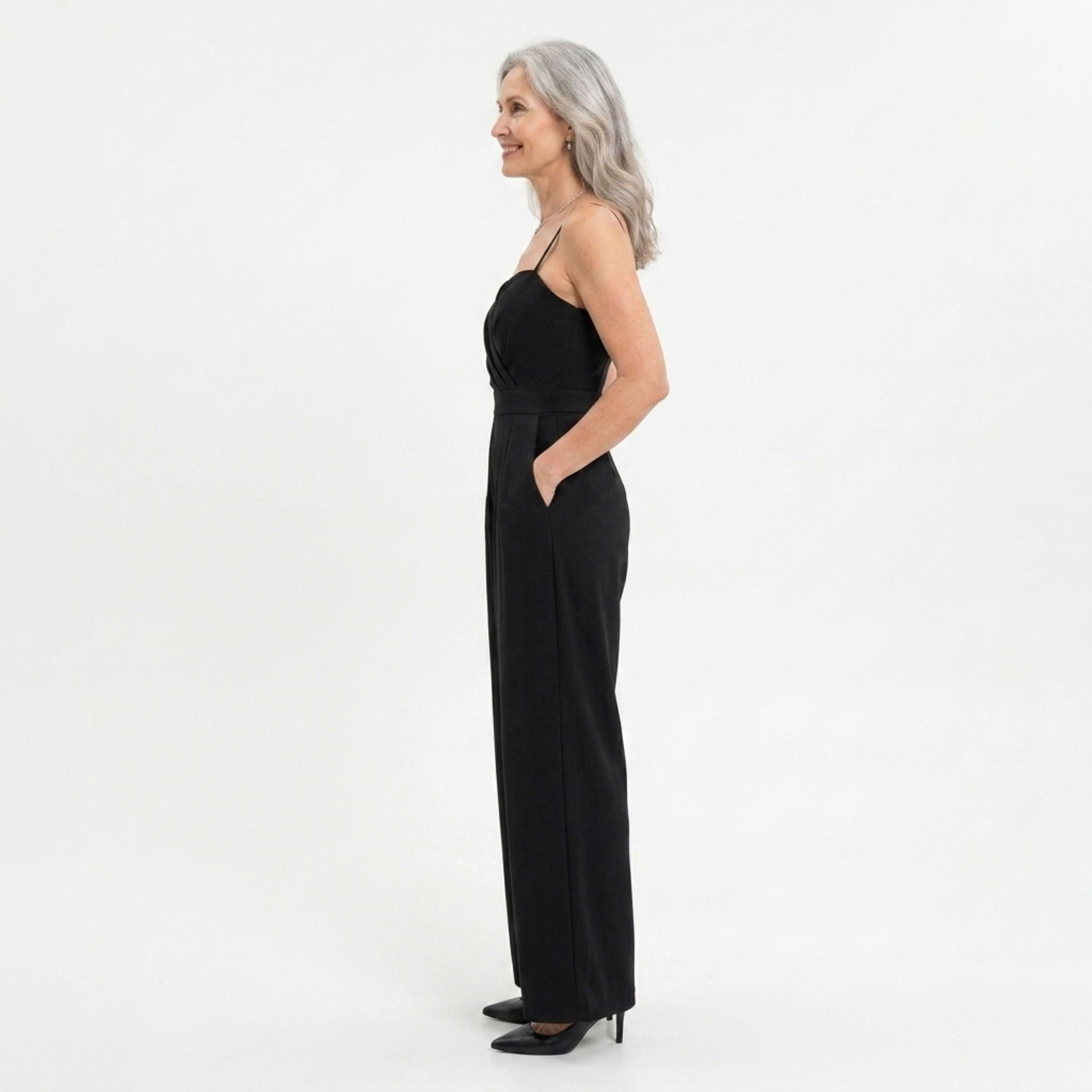 Women's high-waisted jumpsuit — wide legs and sweetheart neckline — evening