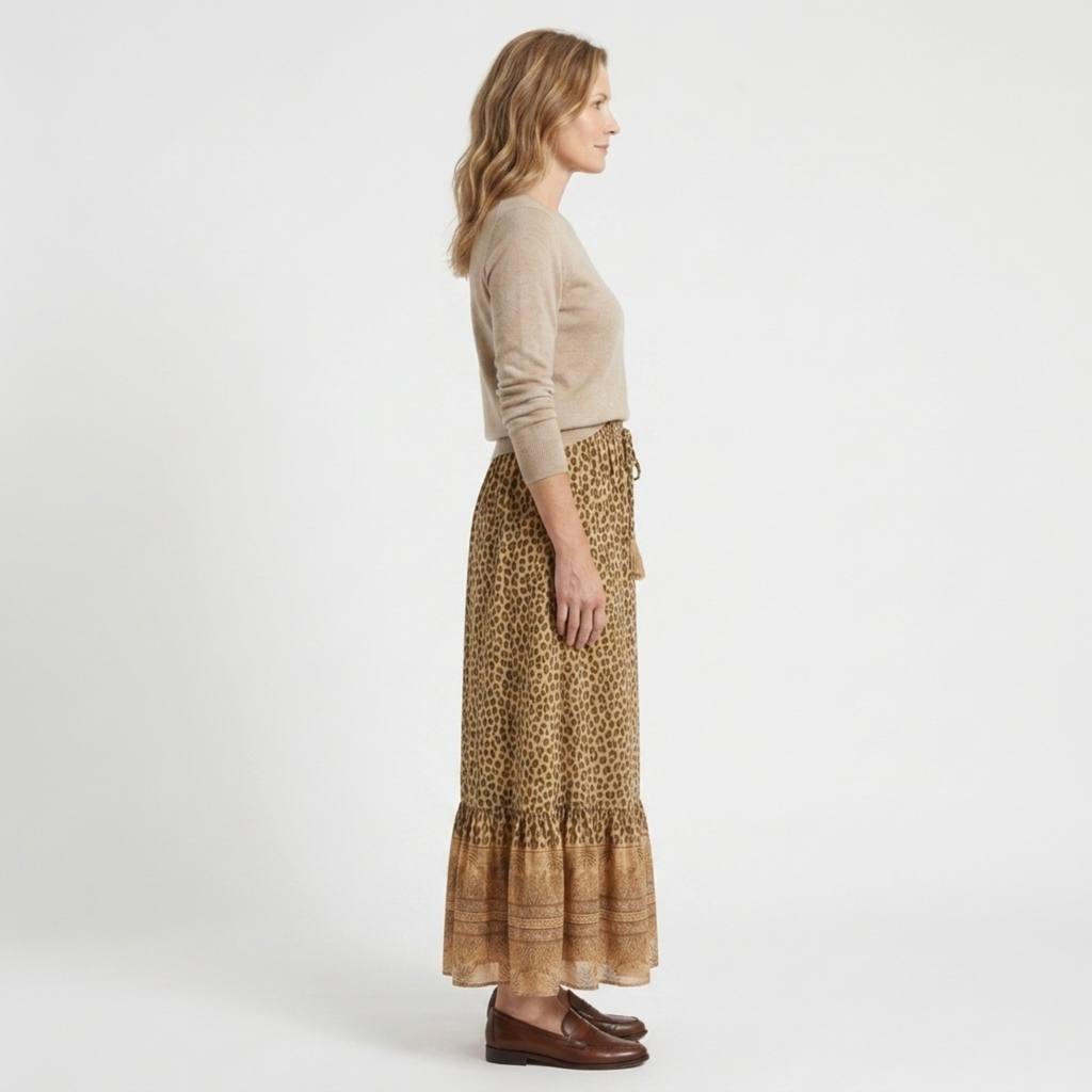 Long cotton maxi skirt — leopard print with ruffles — summer vacation