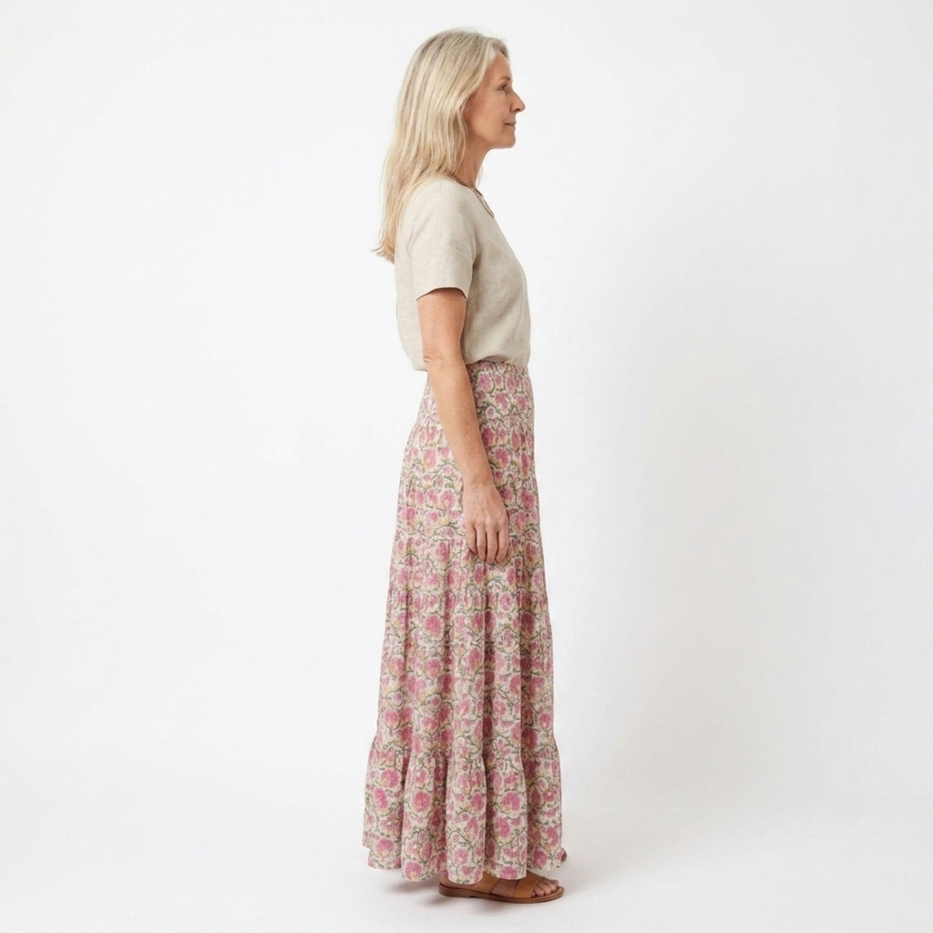 Long floral maxi skirt — high-waisted flared — summer vacation