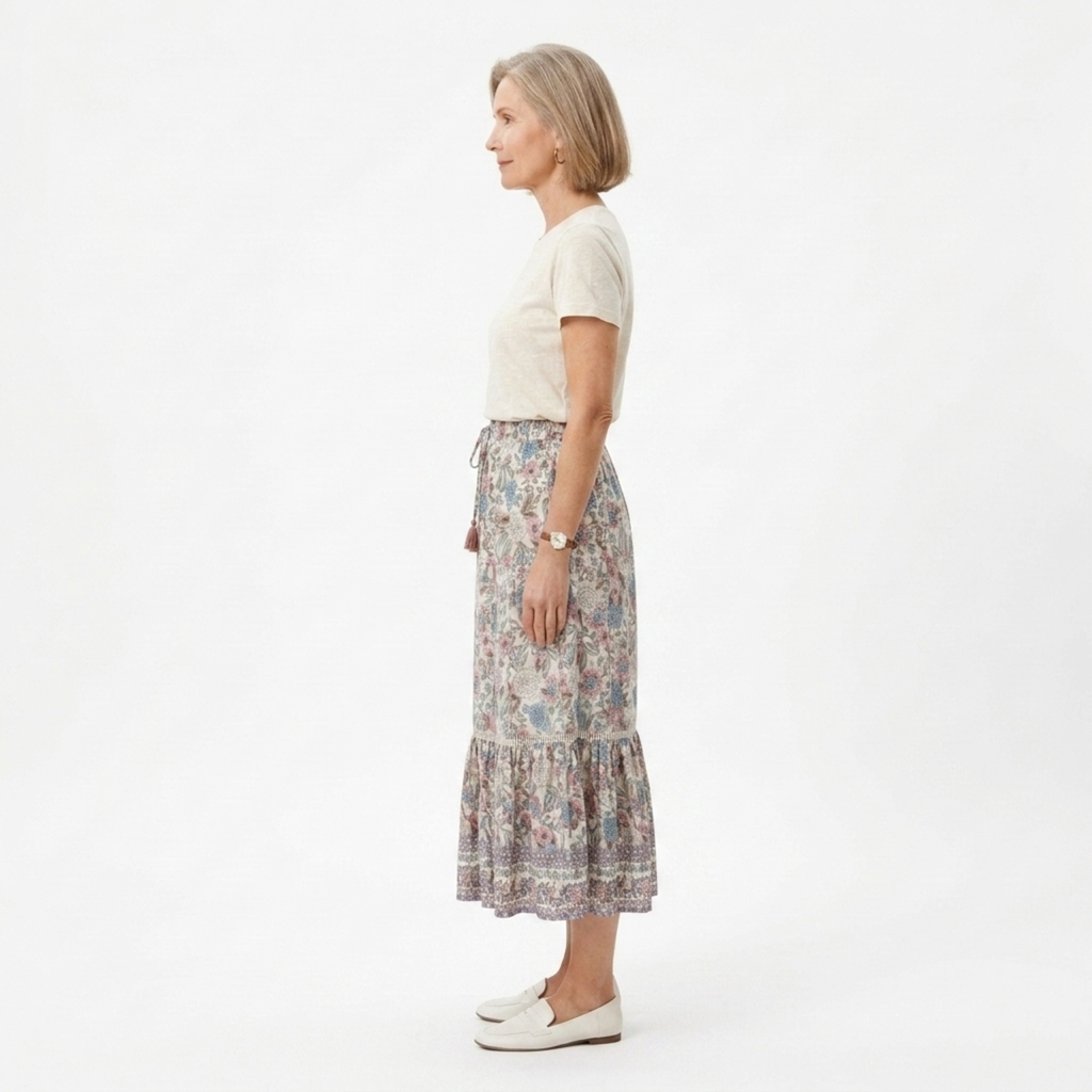 Long floral maxi skirt — high waist with lacing — summer vacation