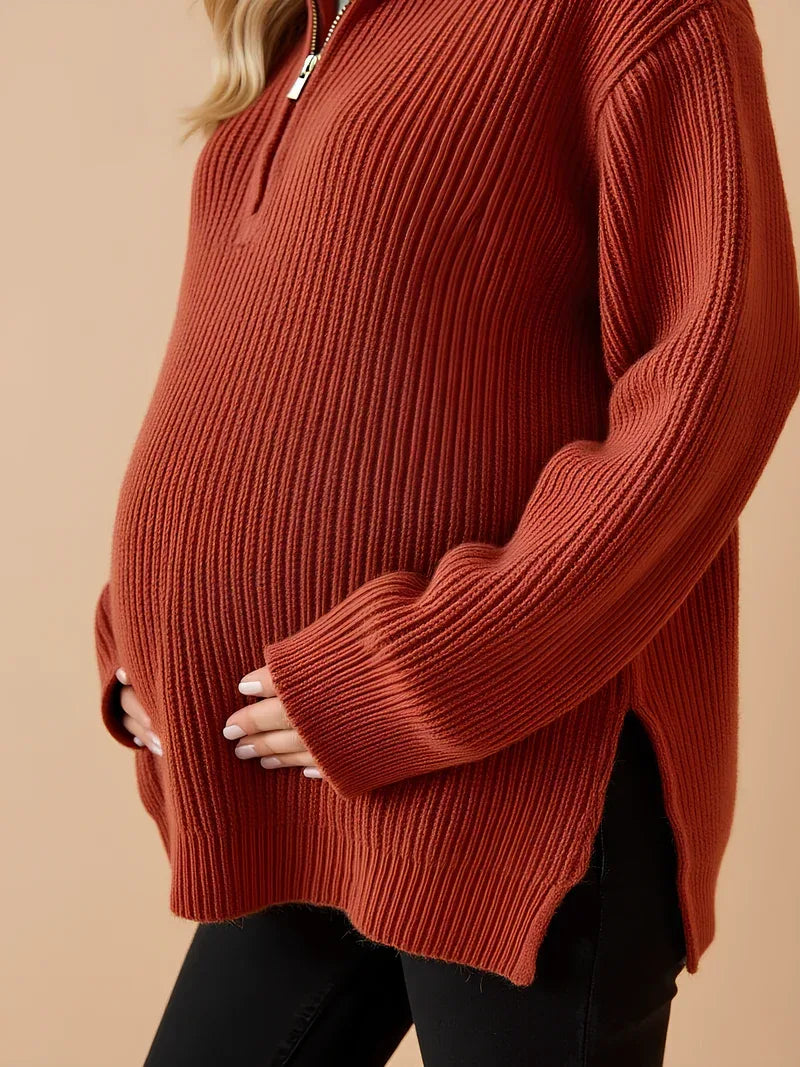 Zipped Maternity Sweater with High Collar