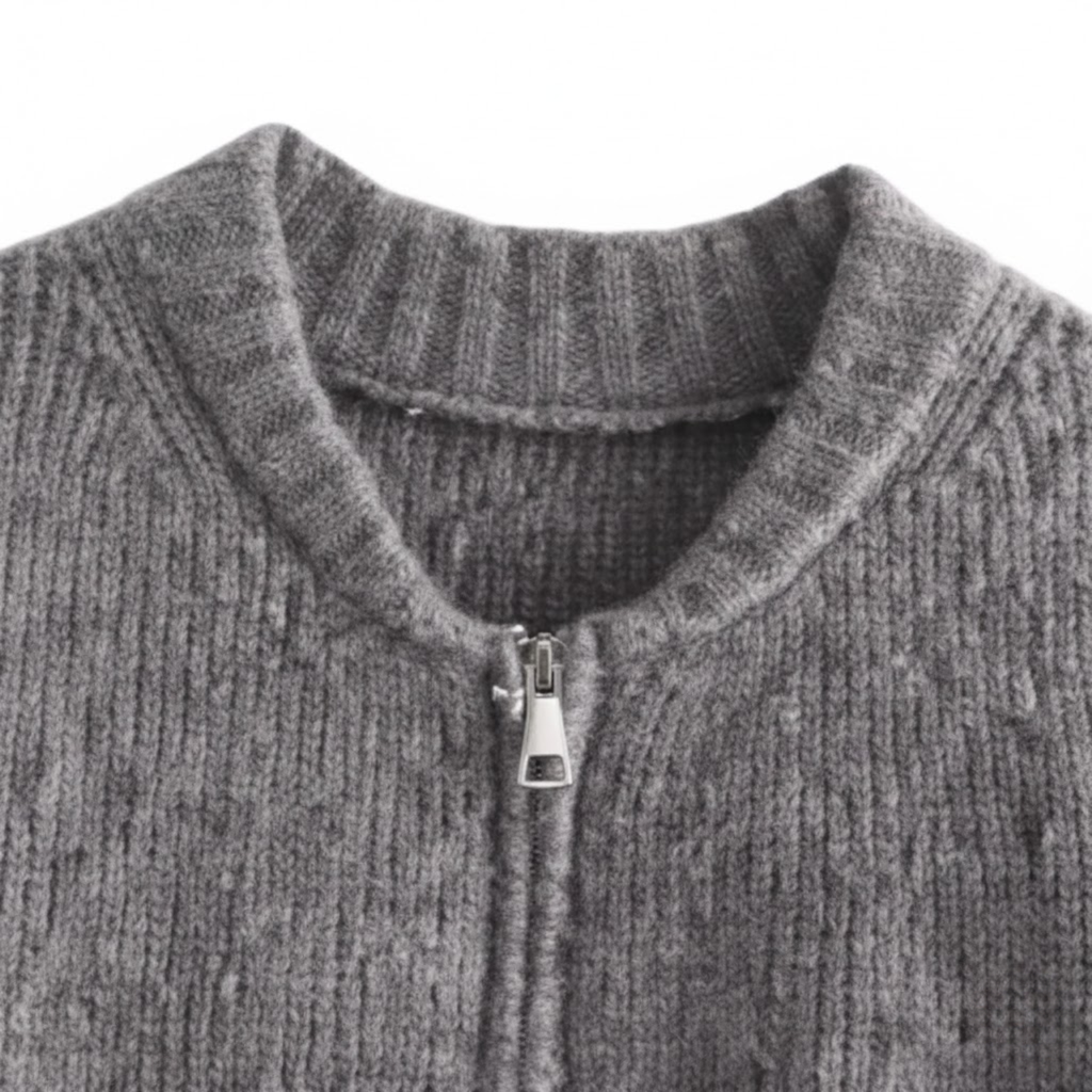 Knitted zip-up sweater jacket for women with round neck, casual vintage style