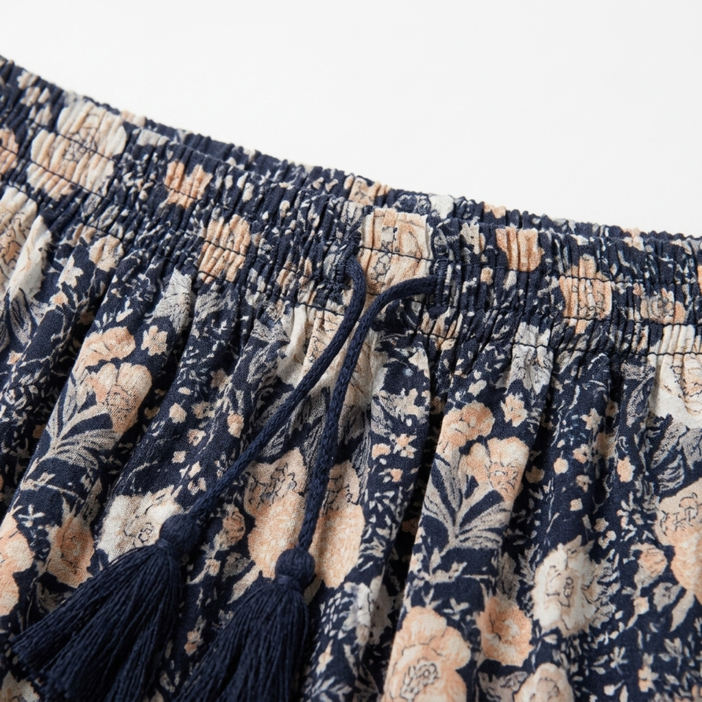 Long floral maxi skirt — trapeze cut with tassels — summer vacation