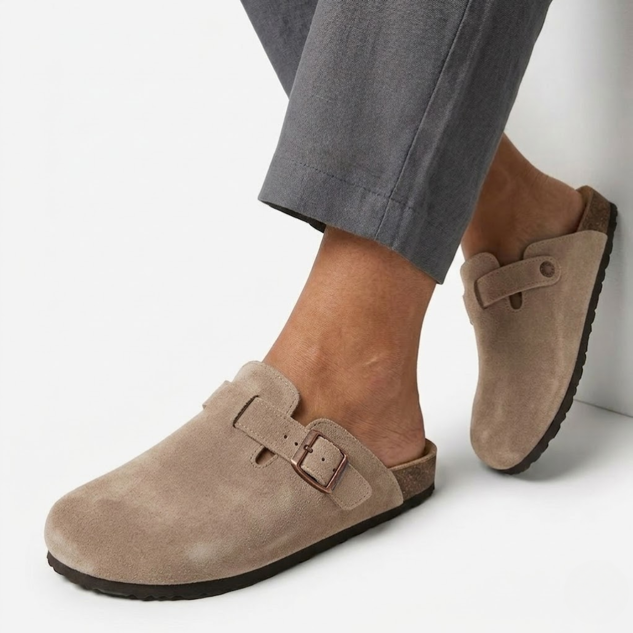 Suede Clogs with Cork Sole and Adjustable Buckle for Women