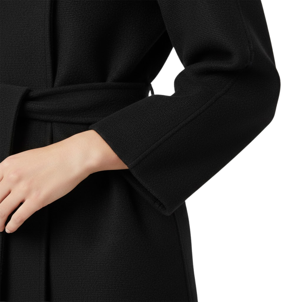 Women's faux fur coat with high collar and belt, warm and elegant jacket