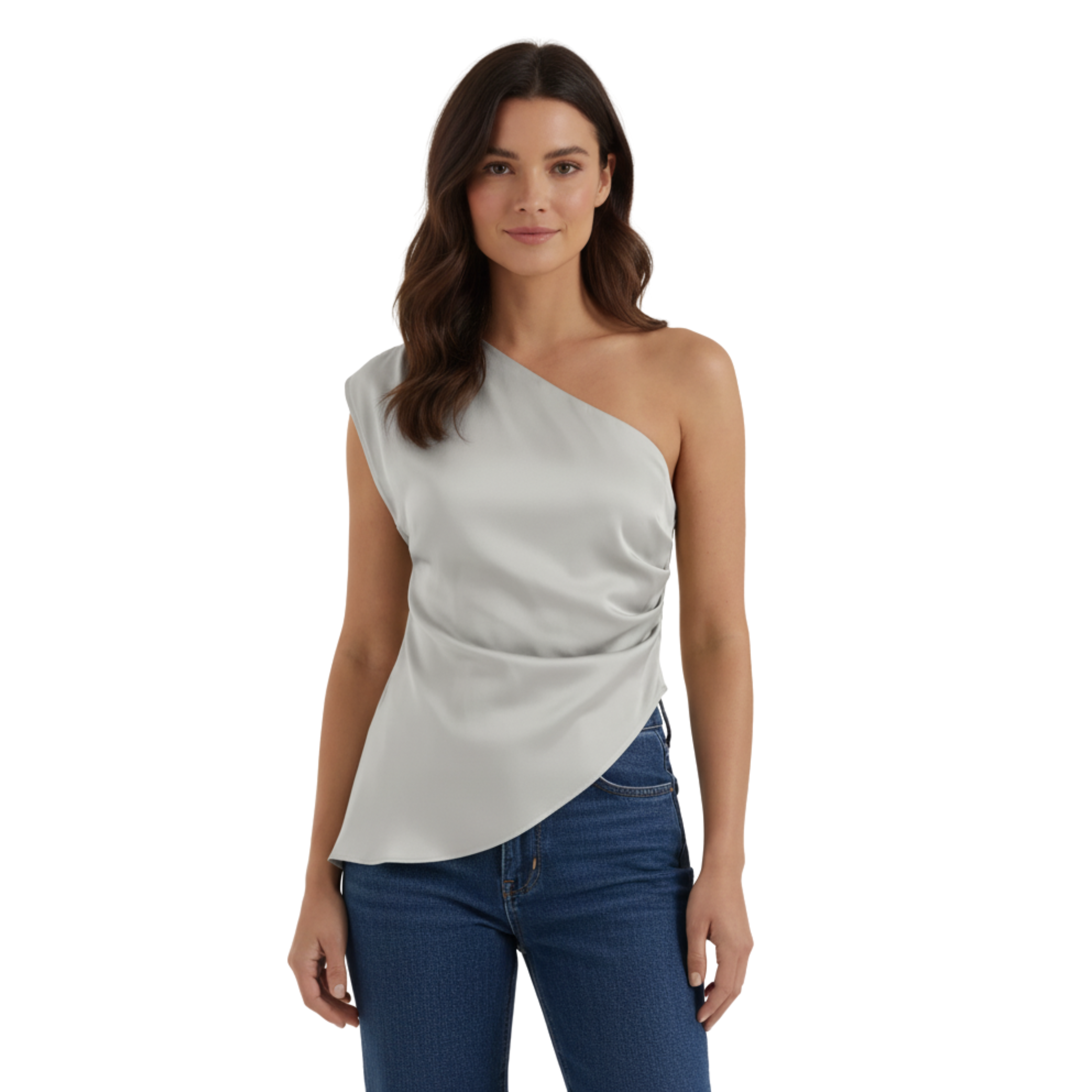 Asymmetric One-Shoulder Top with Ruching and Sculptural Hem for Women