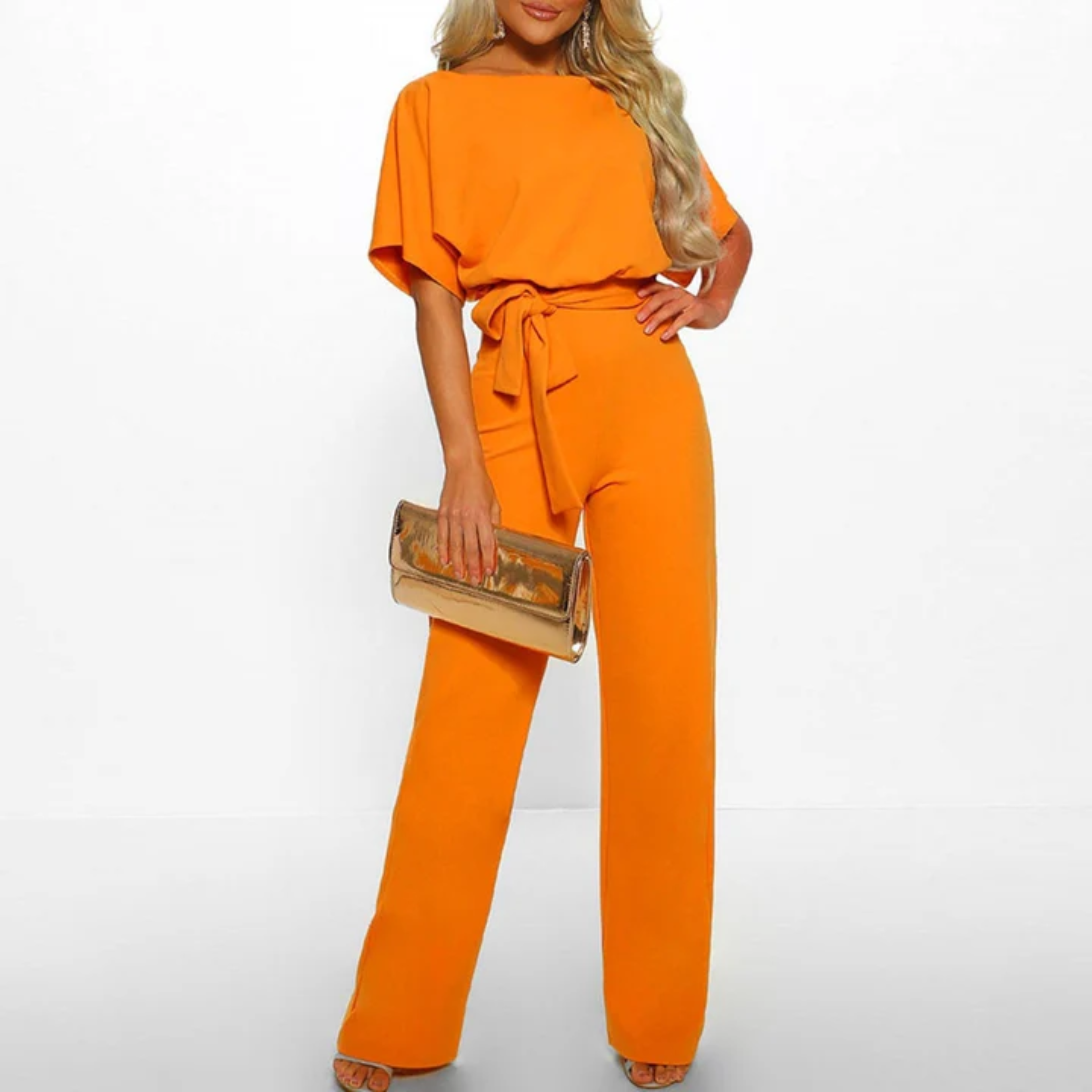 Women's wide-leg jumpsuit — with belt and short sleeves — beach