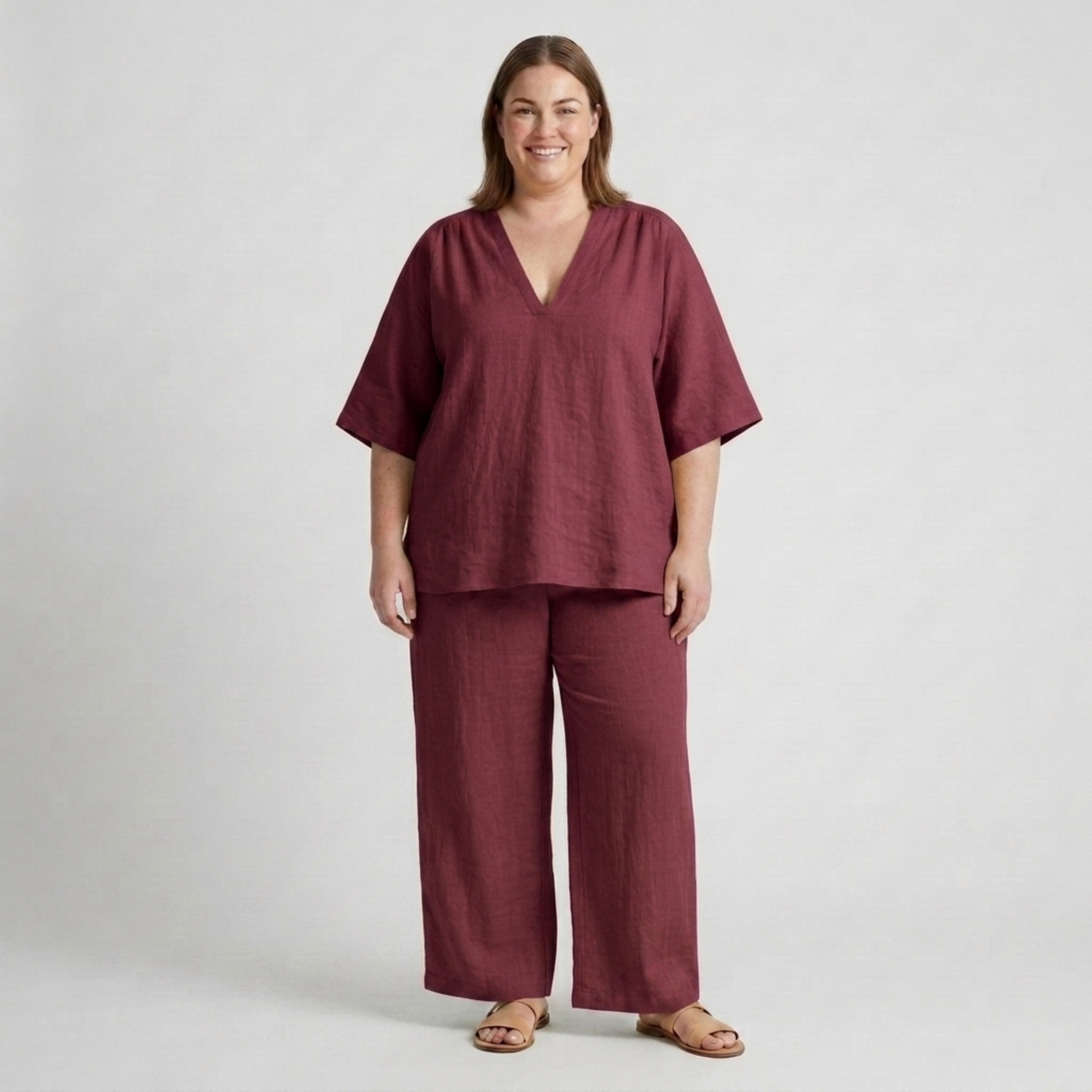 Plus size two-piece set for women with loose V-neck top and flowy pants