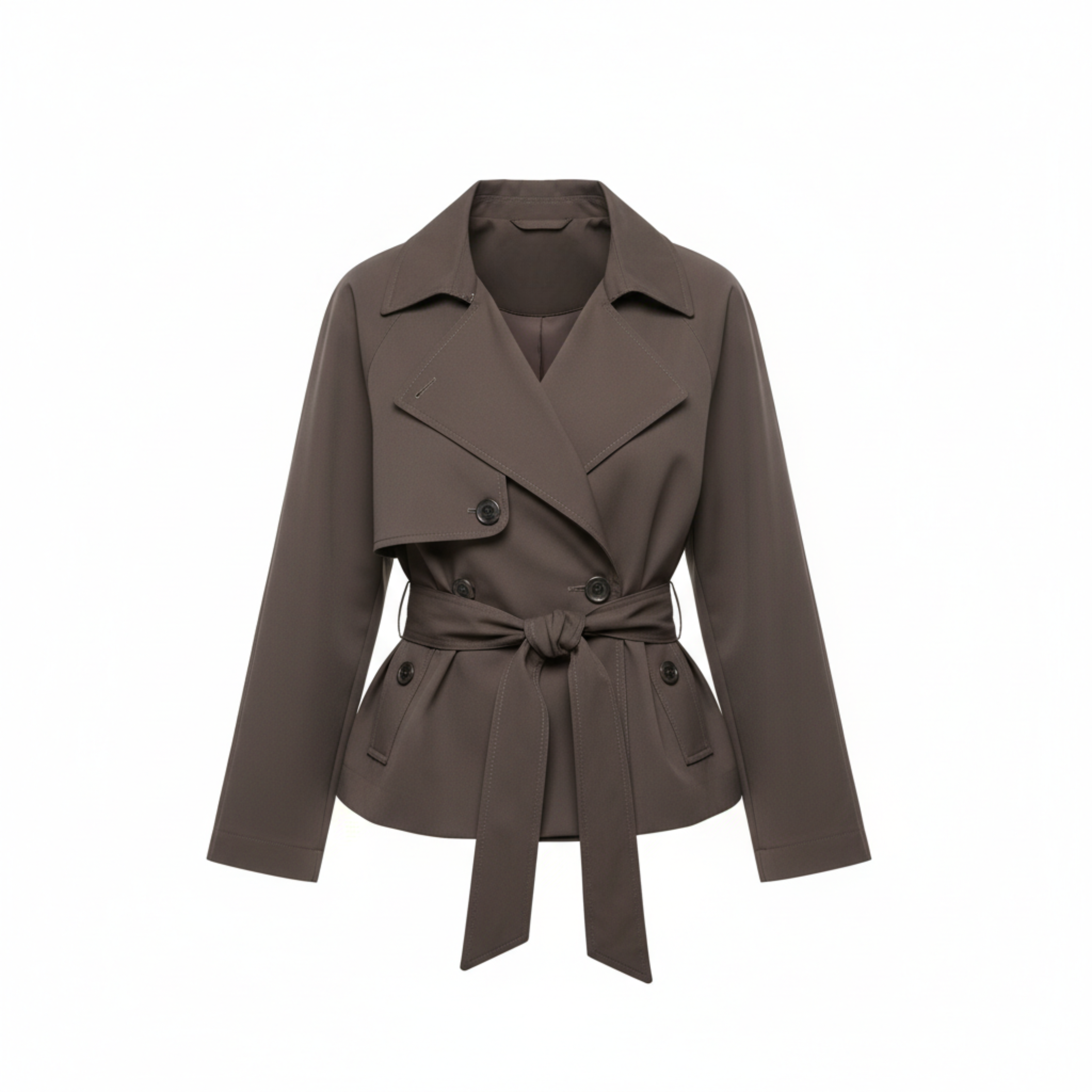 Short Polyester Trench Coat with Belt and Notched Collar for Women