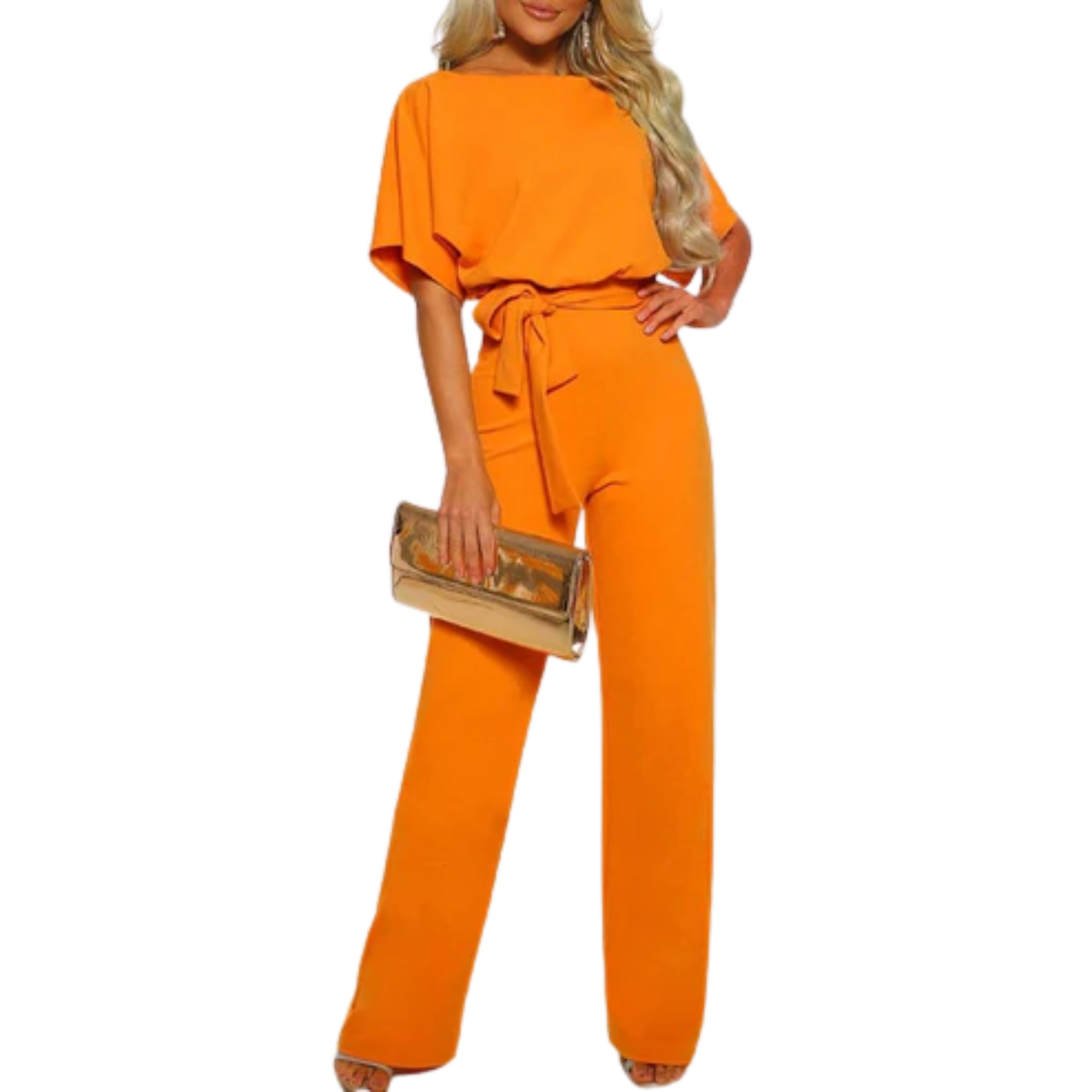 Wide-leg jumpsuit — short sleeves and belt — everyday