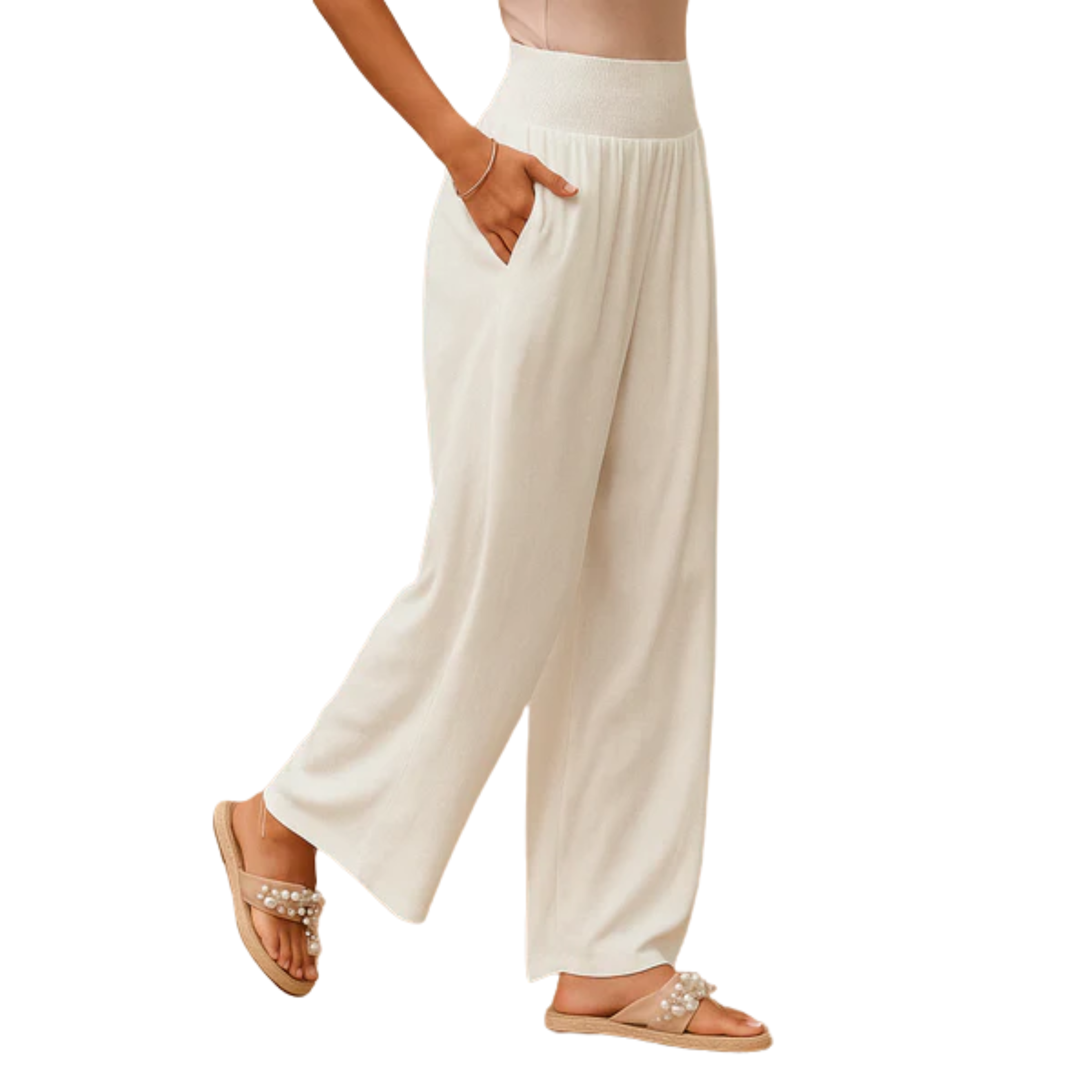 Women's pants linen and cotton blend — elastic waist straight cut | everyday