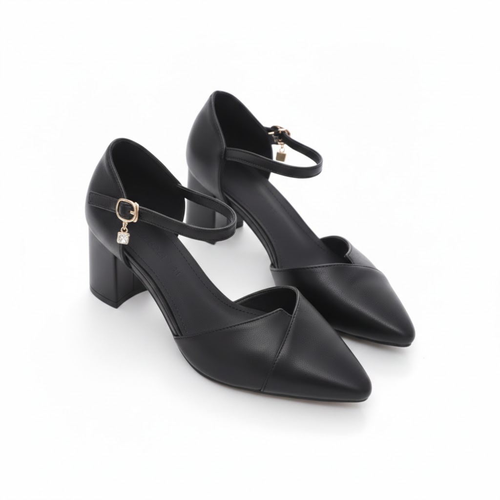 Block heel pumps for women with pointed toe and crossed ankle strap