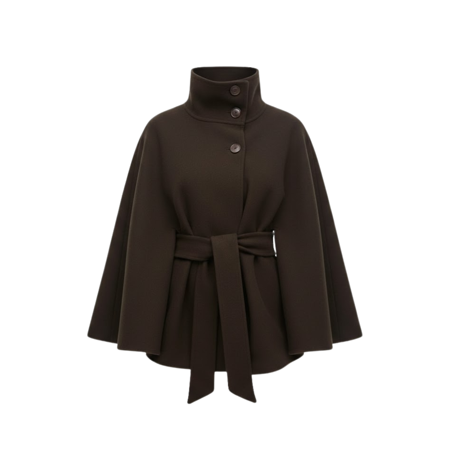 Structured cape coat with belt and standing collar