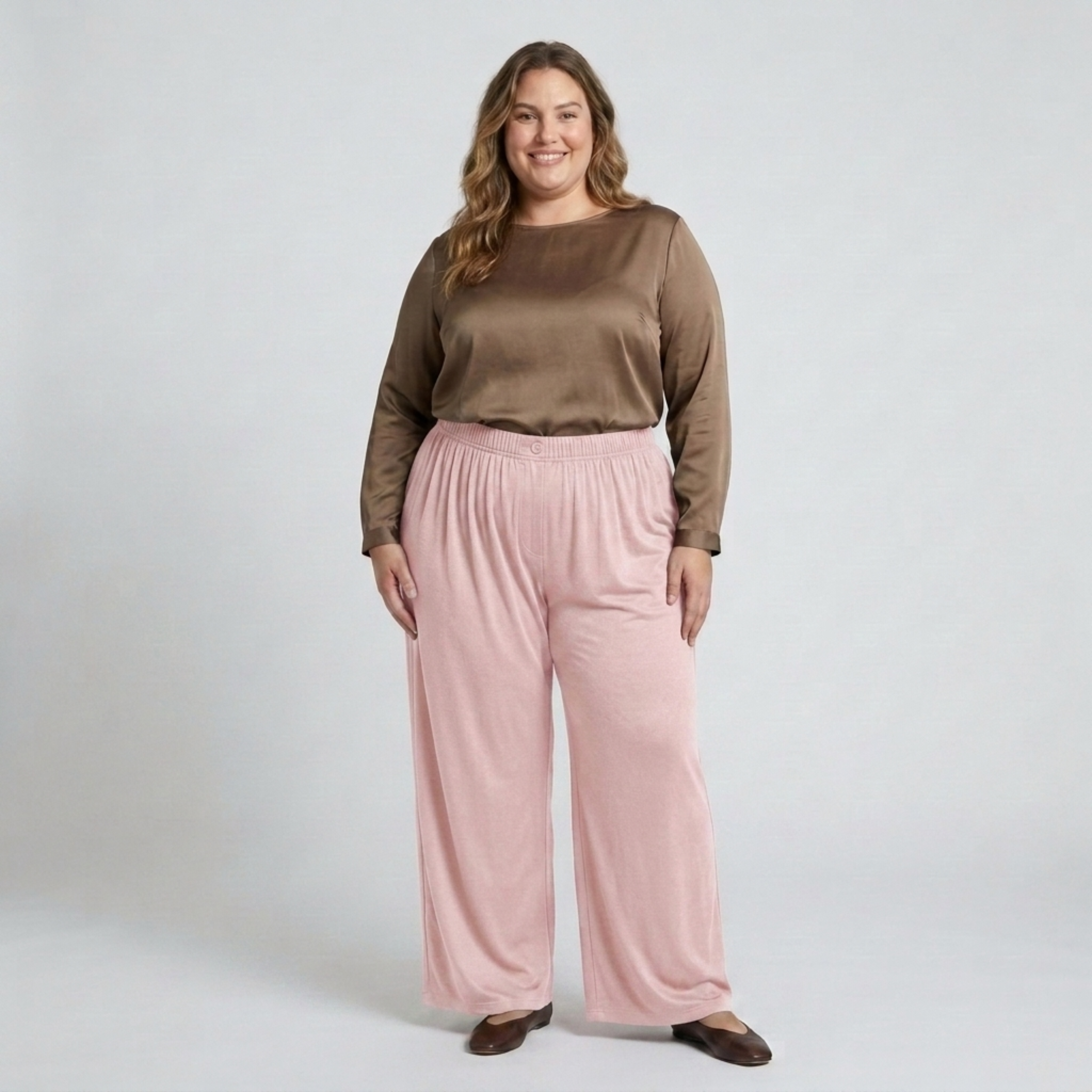 Wide large size pants for women with elastic draped fluid waist
