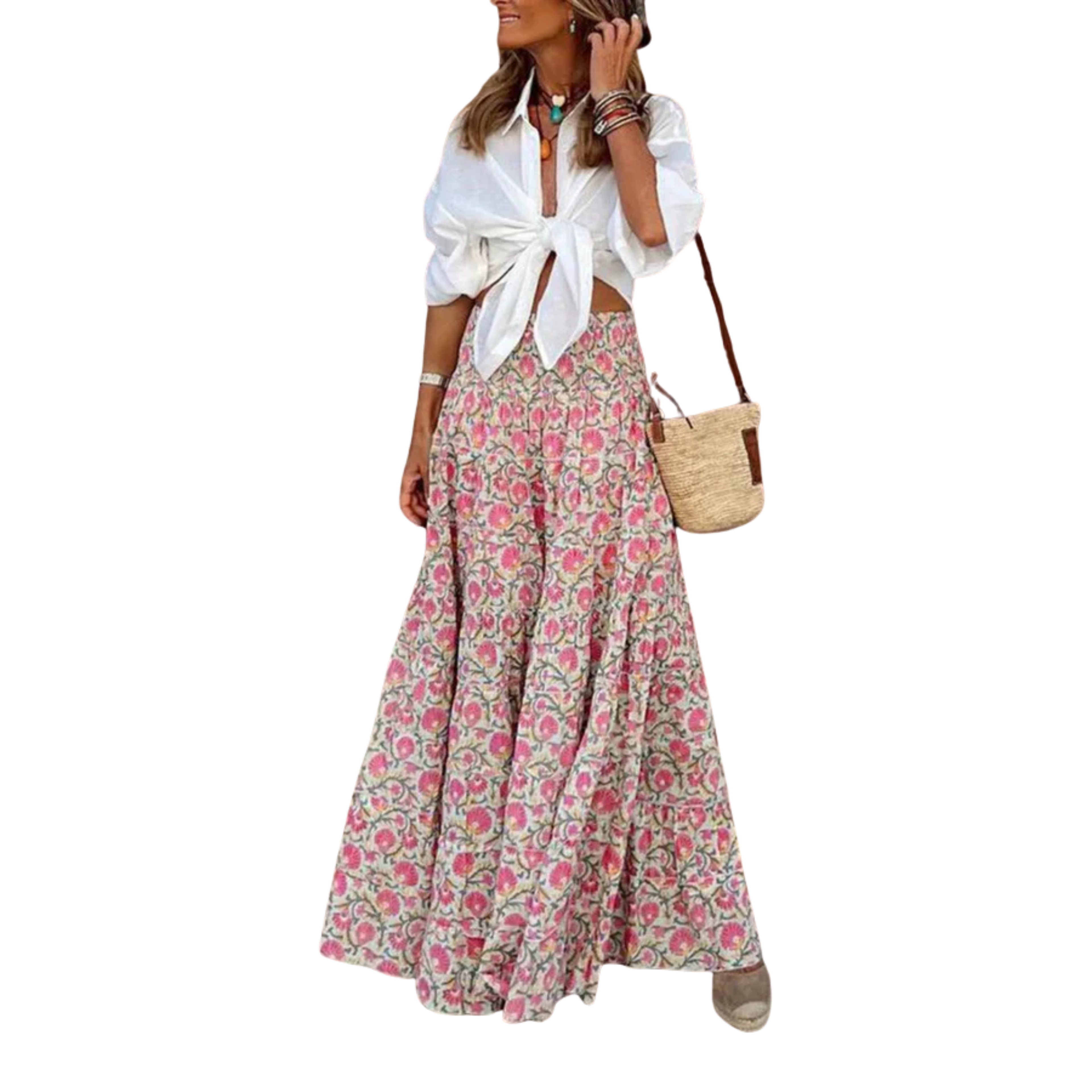Bohemian long maxi skirt — elastic high waist — summer vacation