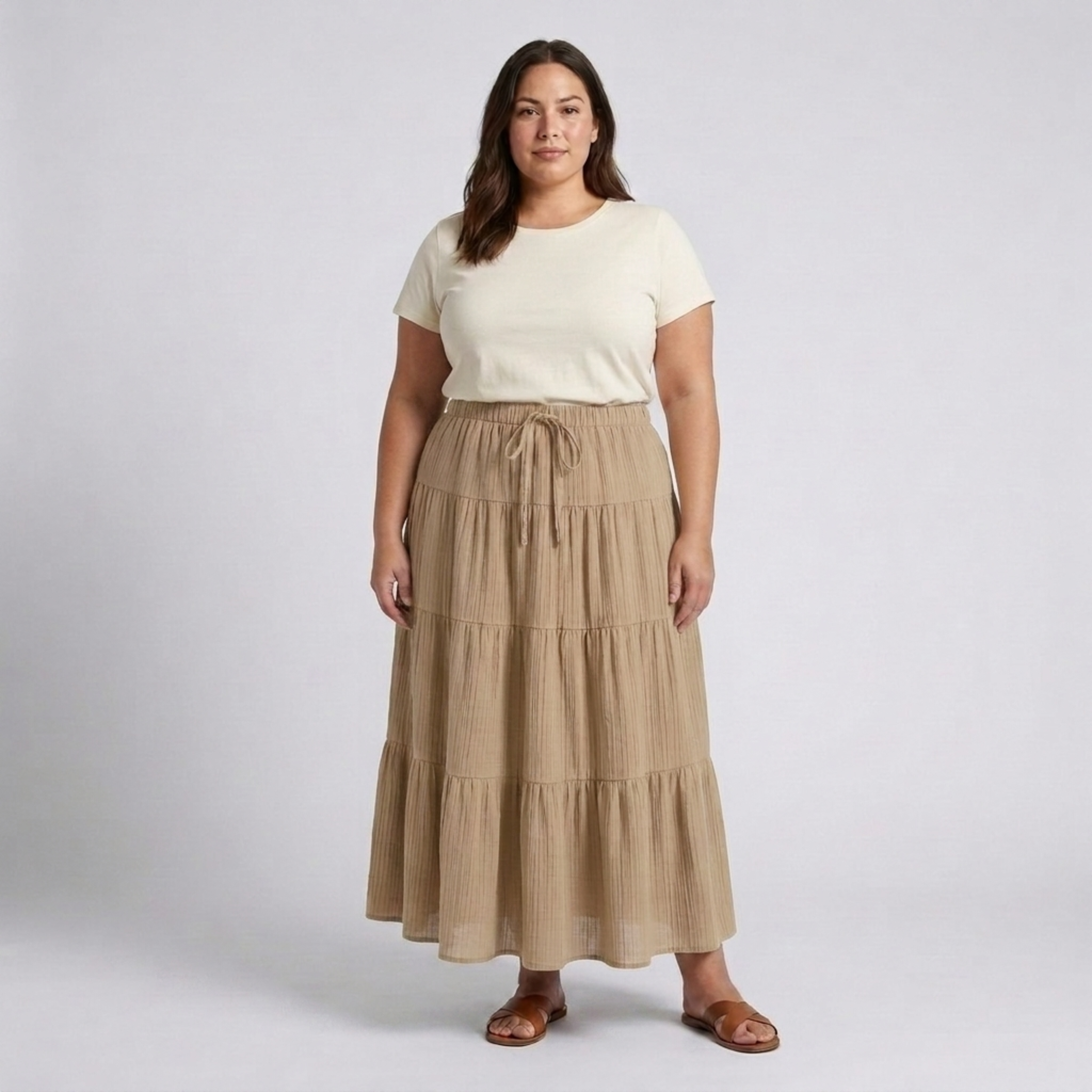 Plus size long skirt for women with panels and drawstring