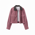Short Corduroy Jacket with Contrasting Collar and Zipper Closure for Women
