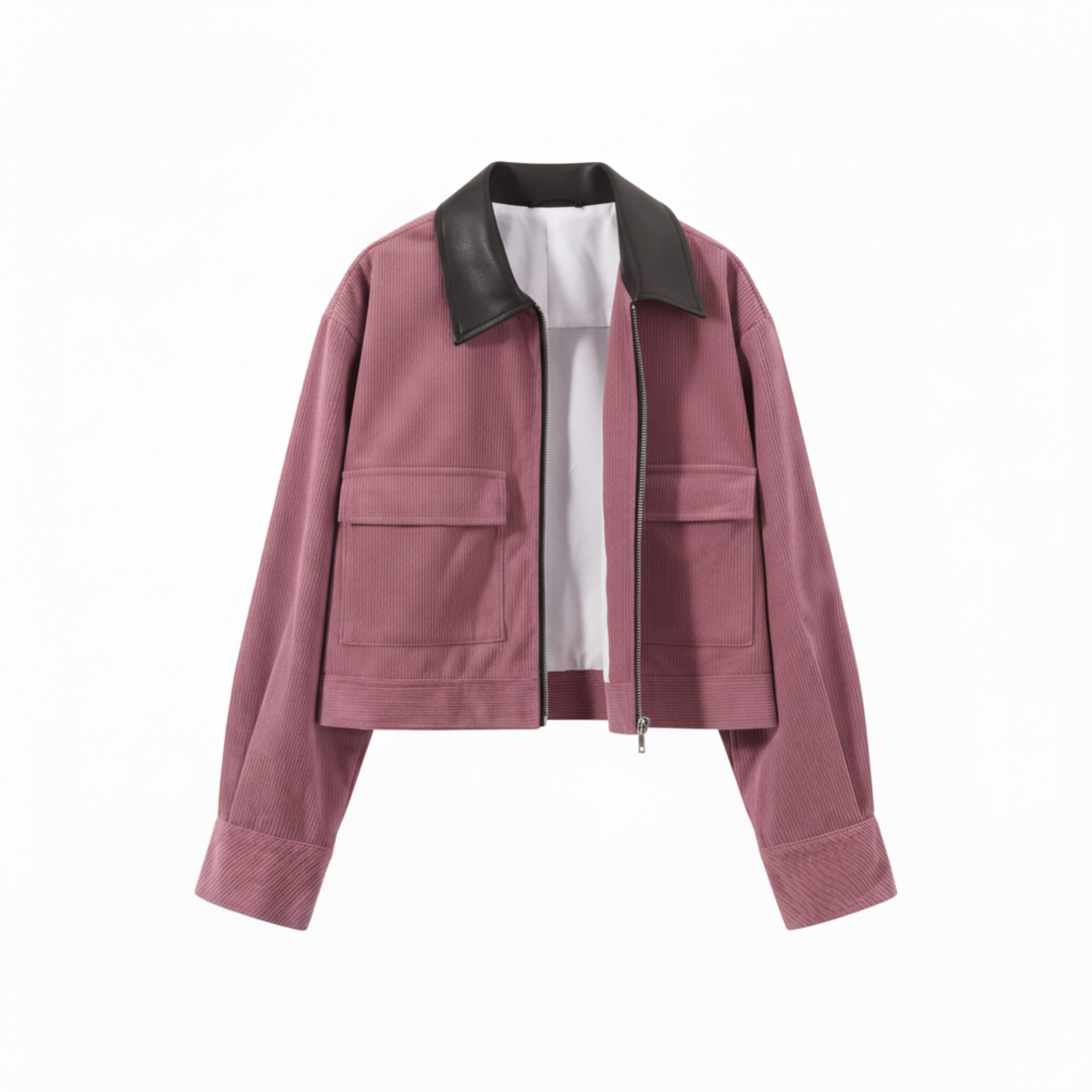 Short Corduroy Jacket with Contrasting Collar and Zipper Closure for Women