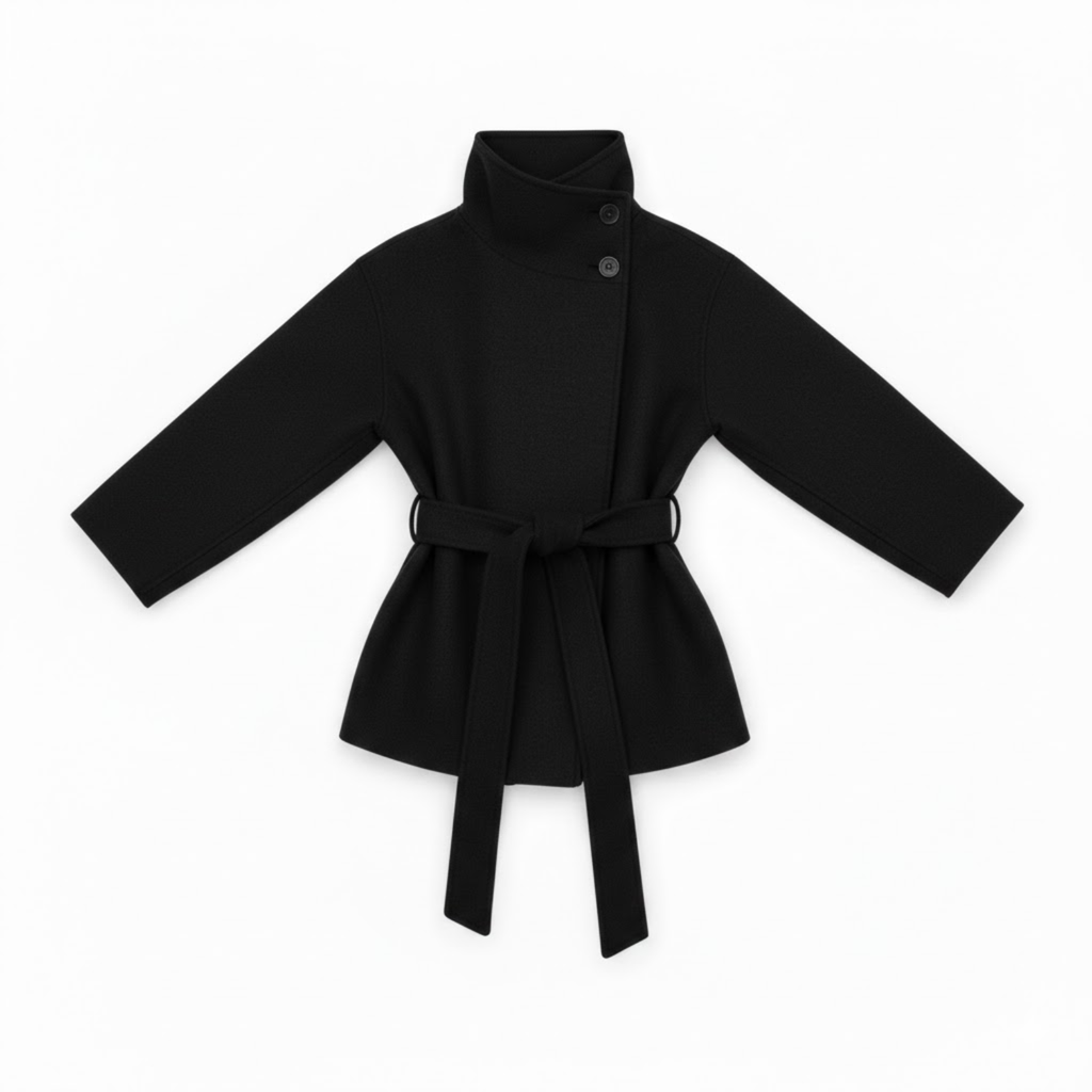 Women's faux fur coat with high collar and belt, warm and elegant jacket