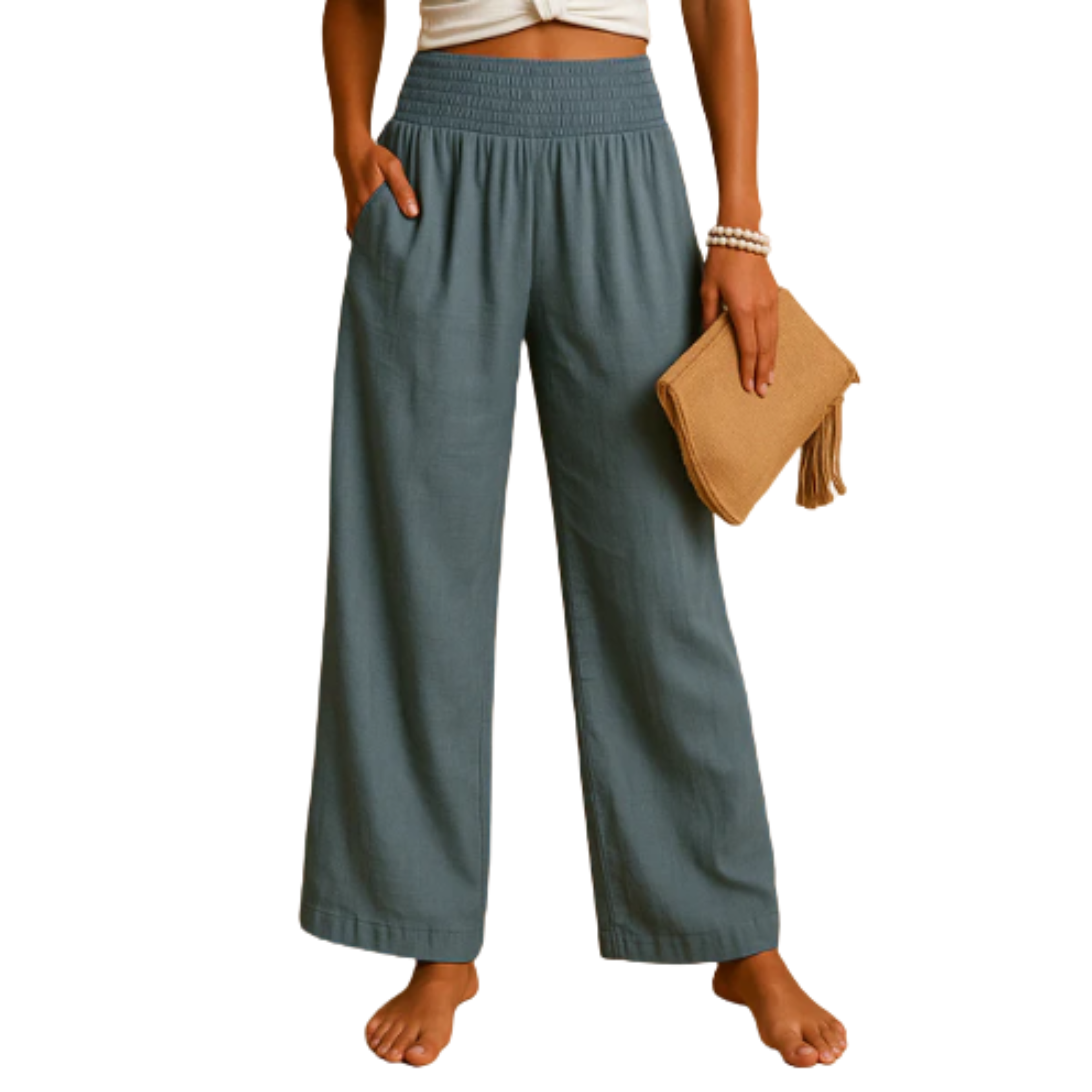 Women's pants linen and cotton blend — elastic waist straight cut | everyday