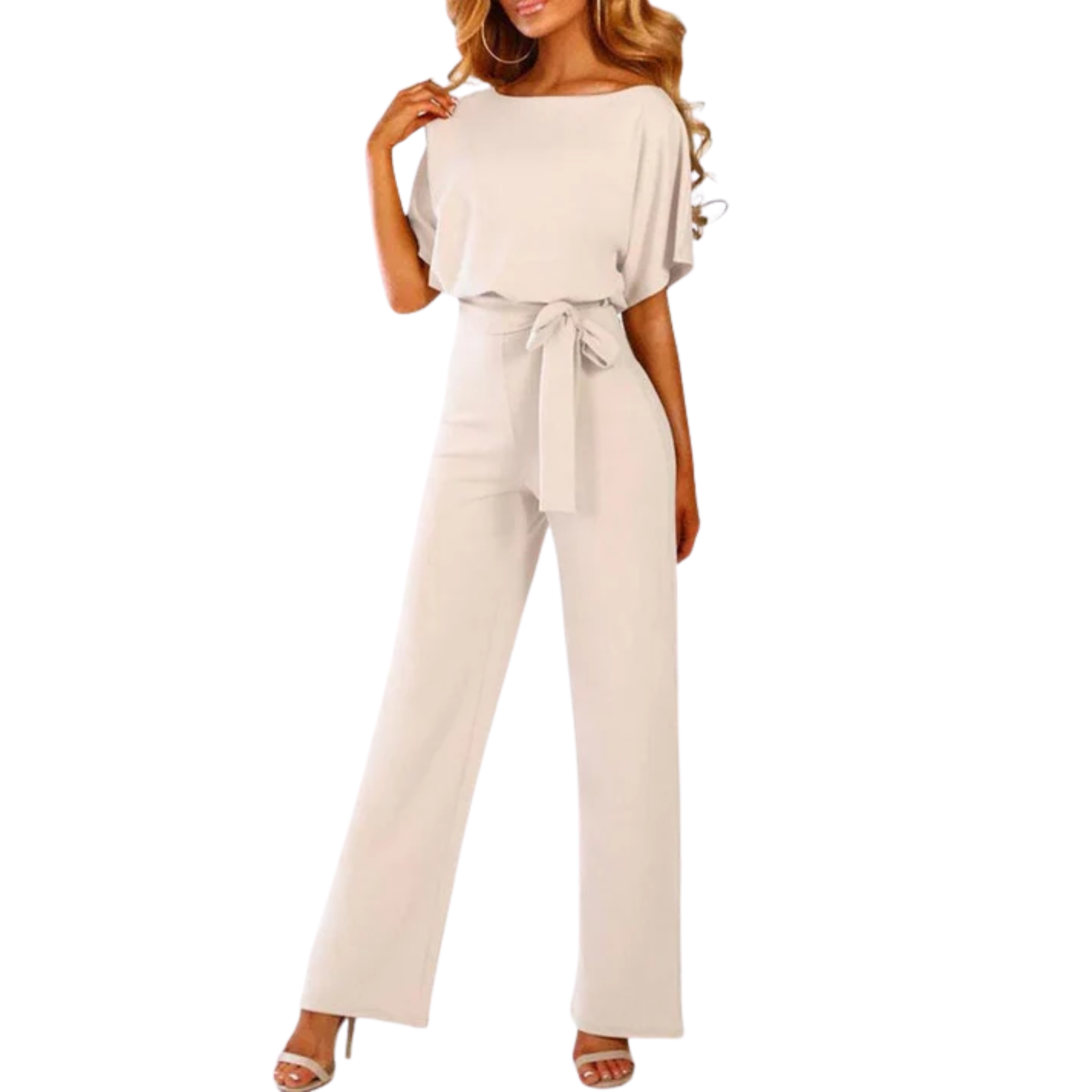 Wide-leg jumpsuit — short sleeves and belt — everyday